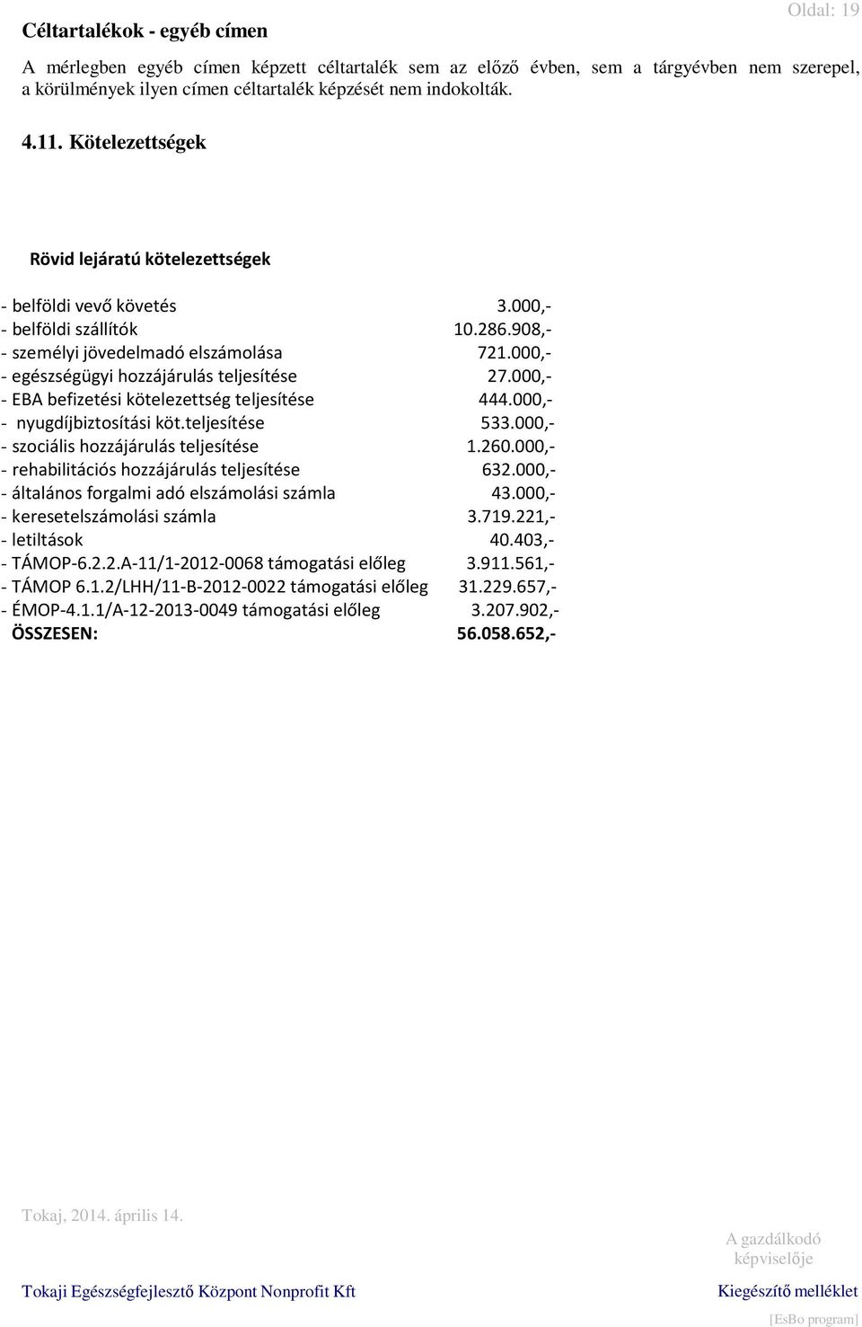 000,- - egészségügyi hozzájárulás teljesítése 27.000,- - EBA befizetési kötelezettség teljesítése 444.000,- - nyugdíjbiztosítási köt.teljesítése 533.000,- - szociális hozzájárulás teljesítése 1.260.