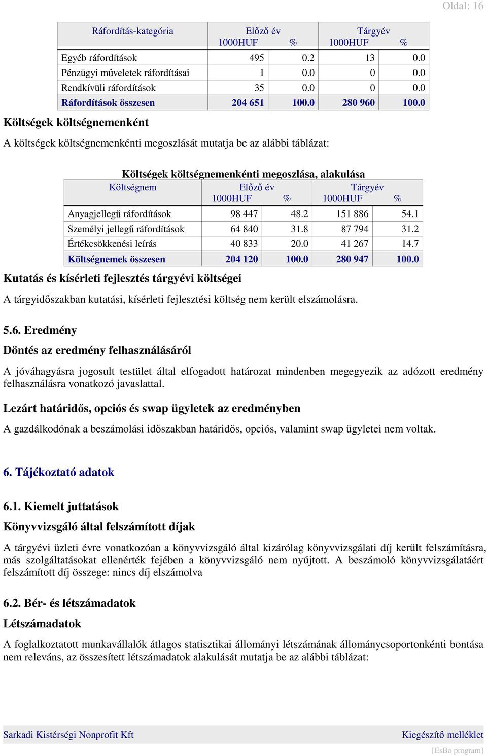 0 Költségek költségnemenként A költségek költségnemenkénti megoszlását mutatja be az alábbi táblázat: Költségek költségnemenkénti megoszlása, alakulása Költségnem Előző év Tárgyév 1000HUF % 1000HUF %