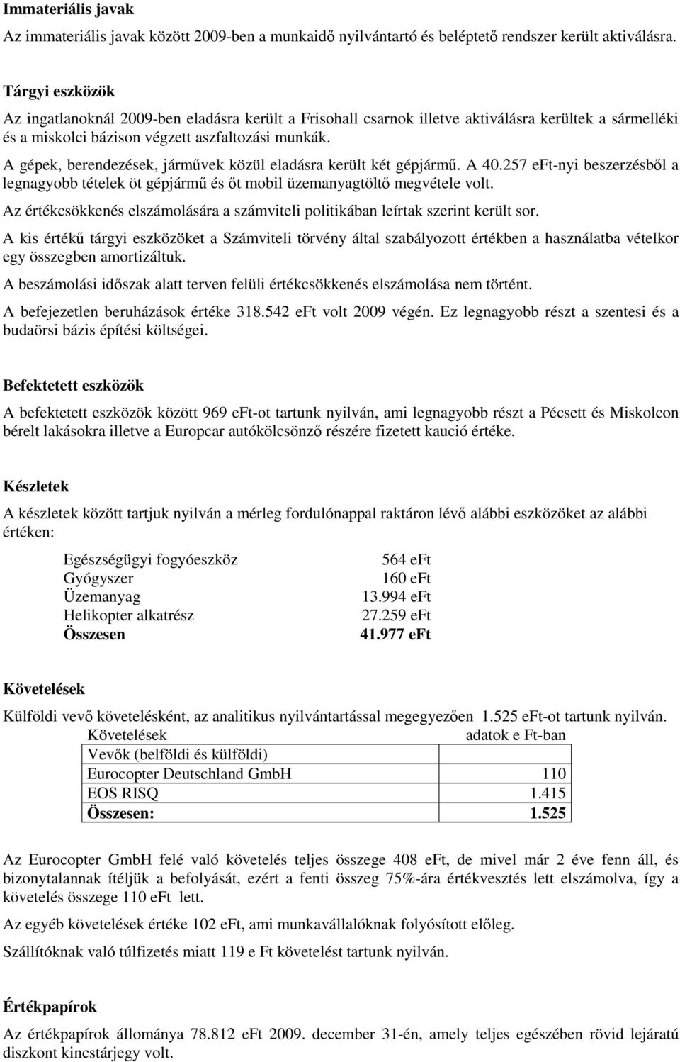 A gépek, berendezések, járművek közül eladásra került két gépjármű. A 40.257 eft-nyi beszerzésből a legnagyobb tételek öt gépjármű és őt mobil üzemanyagtöltő megvétele volt.