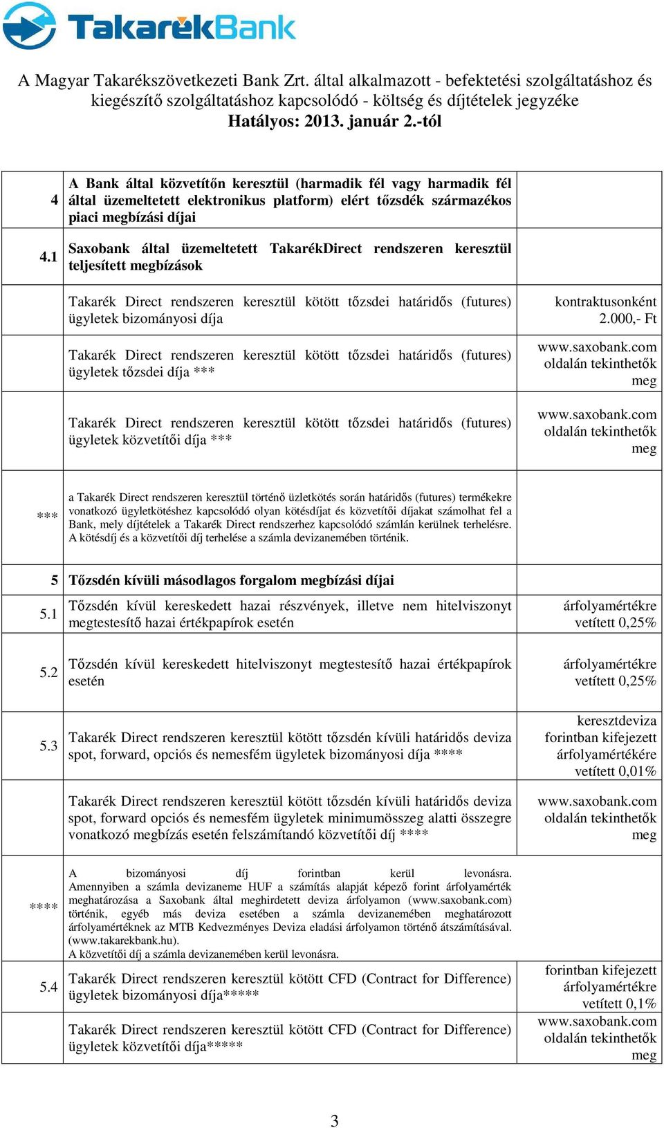 tőzsdei határidős (futures) ügyletek tőzsdei díja *** Takarék Direct rendszeren keresztül kötött tőzsdei határidős (futures) ügyletek közvetítői díja *** kontraktusonként 2.000,- Ft www.saxobank.