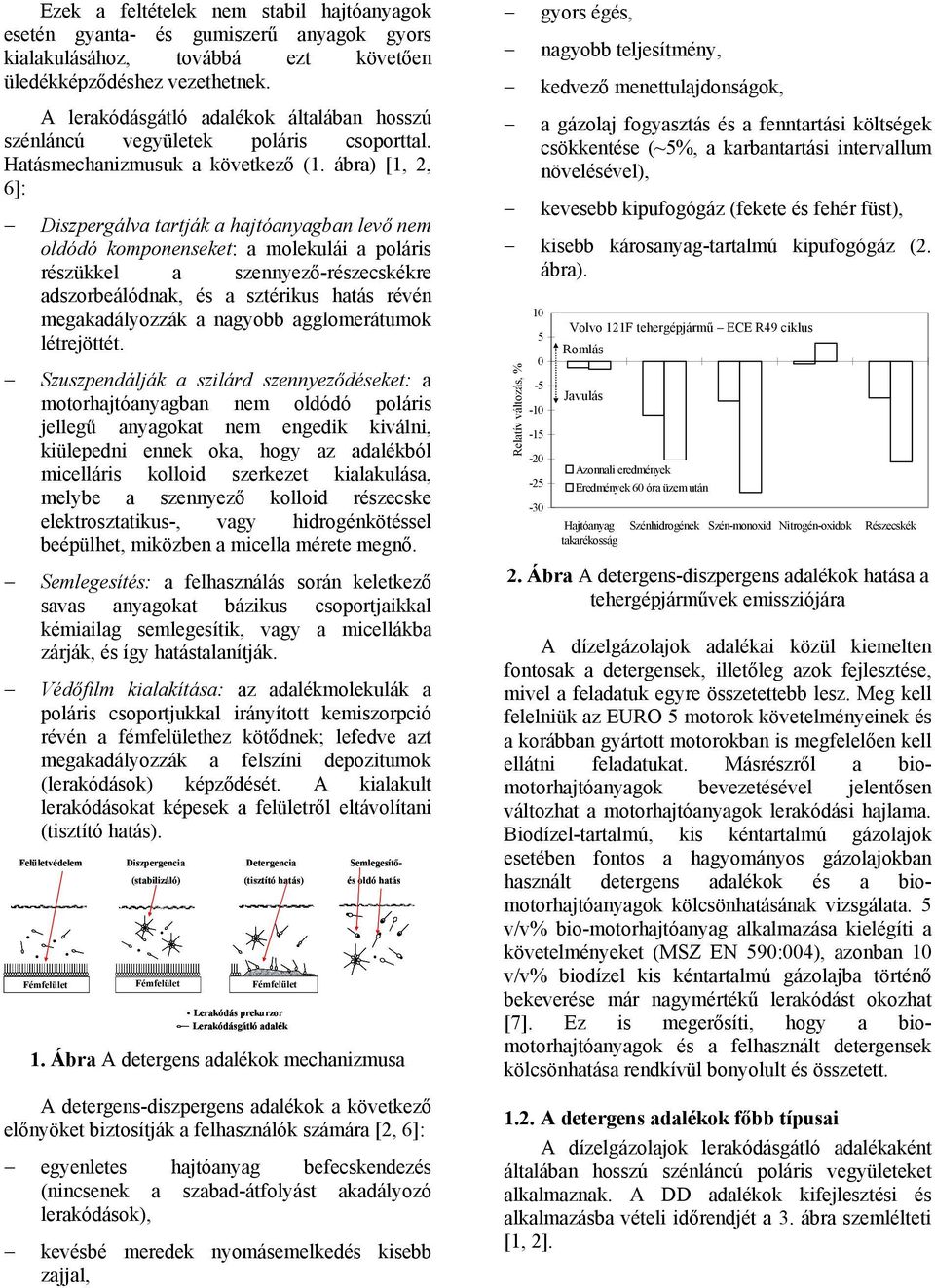 ábra) [1, 2, 6]: Diszpergálva tartják a hajtóanyagban levő nem oldódó komponenseket: a molekulái a poláris részükkel a szennyező-részecskékre adszorbeálódnak, és a sztérikus hatás révén