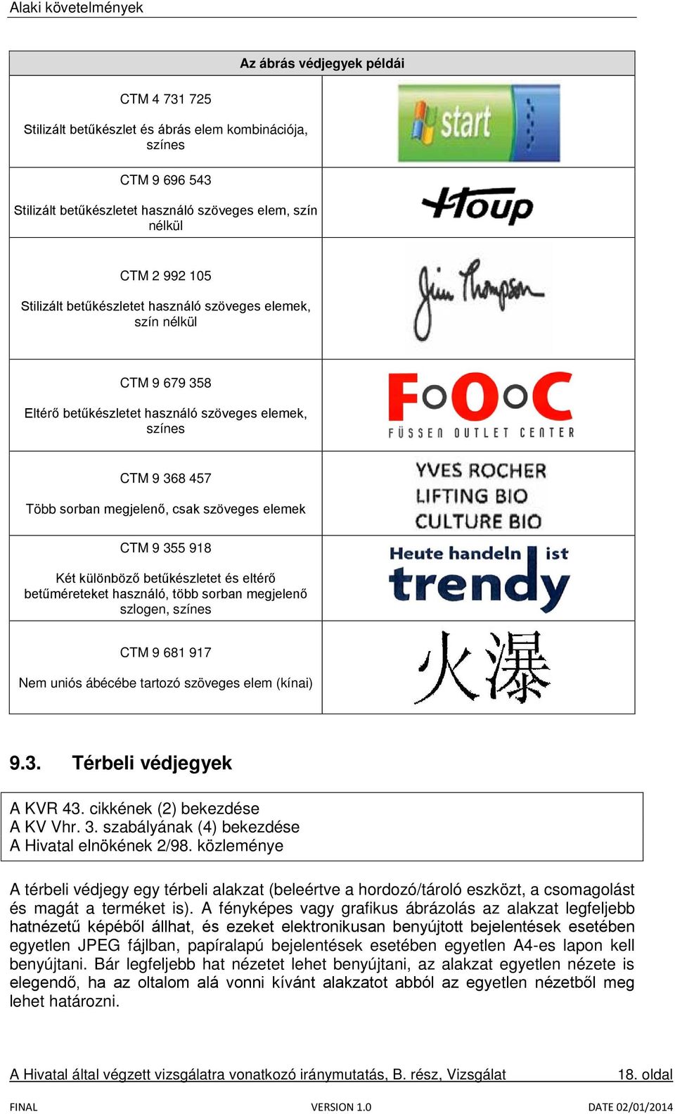 különböző betűkészletet és eltérő betűméreteket használó, több sorban megjelenő szlogen, színes CTM 9 681 917 Nem uniós ábécébe tartozó szöveges elem (kínai) 9.3. Térbeli védjegyek A KVR 43.