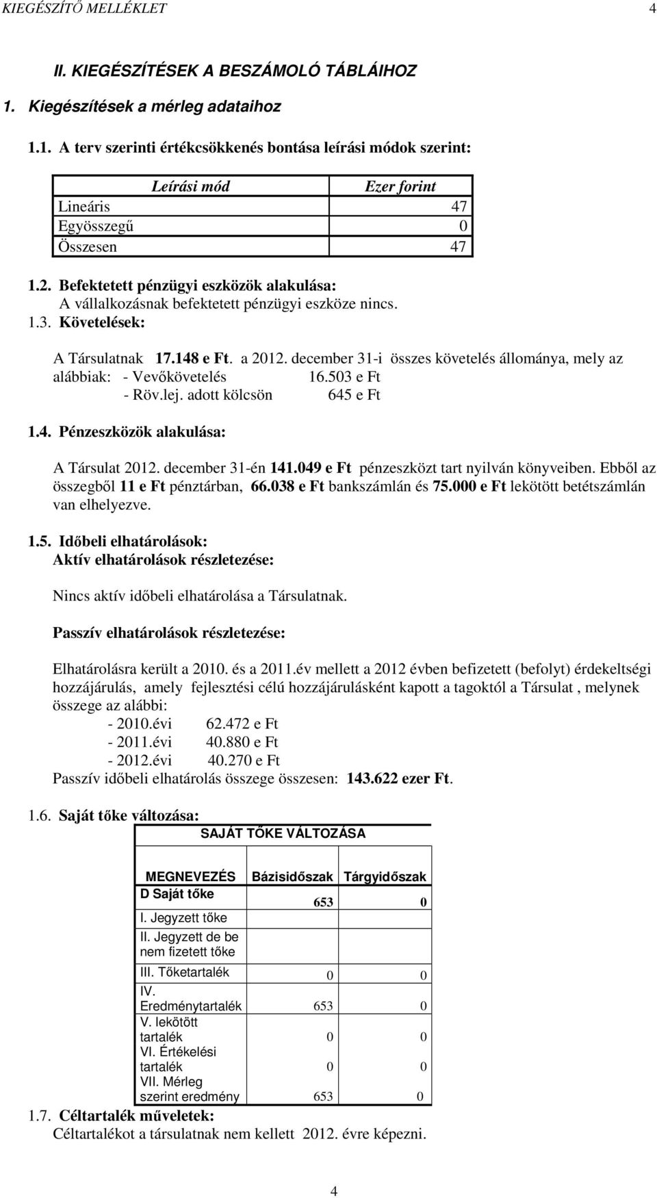 december 31-i összes követelés állománya, mely az alábbiak: - Vevőkövetelés 16.503 e Ft - Röv.lej. adott kölcsön 645 e Ft 1.4. Pénzeszközök alakulása: A Társulat 2012. december 31-én 141.
