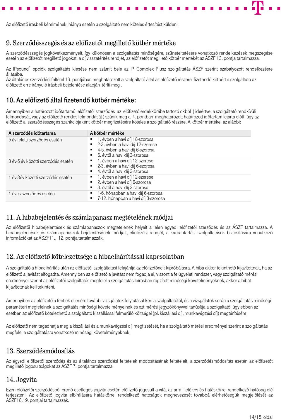 előfizetőt megillető jogokat, a díjvisszatérítés rendjét, az előfizetőt megillető kötbér mértékét az ÁSZF 13. pontja tartalmazza.