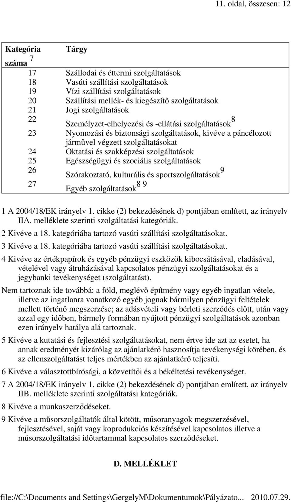 Oktatási és szakképzési szolgáltatások 25 Egészségügyi és szociális szolgáltatások 26 Szórakoztató kulturális és sportszolgáltatások 9 27 Egyéb szolgáltatások 8 9 1 A 2004/18/EK irányelv 1.