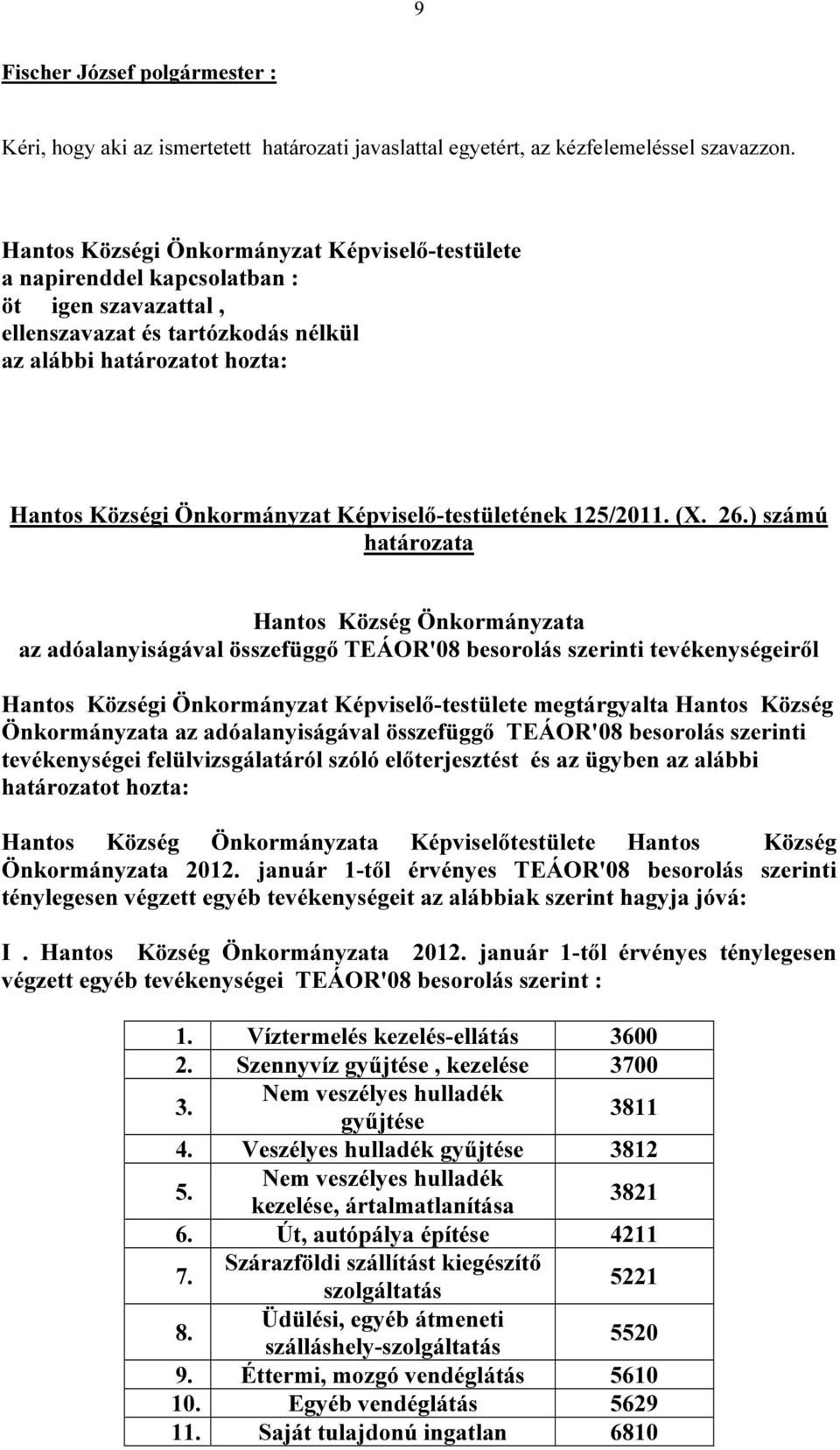 Képviselő-testületének 125/2011. (X. 26.