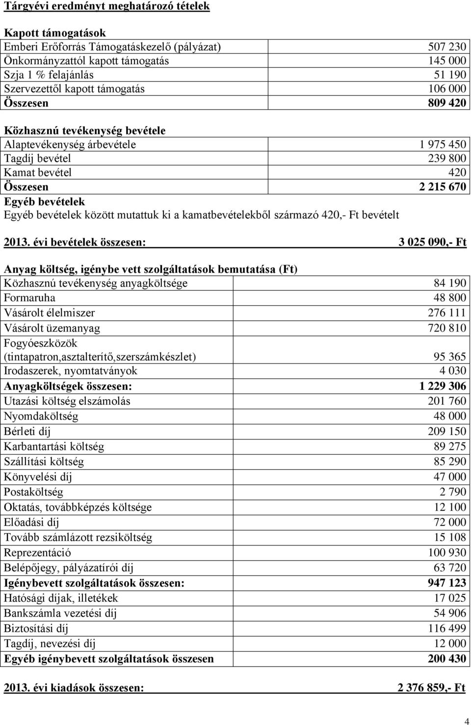 között mutattuk ki a kamatbevételekből származó 420,- Ft bevételt 2013.