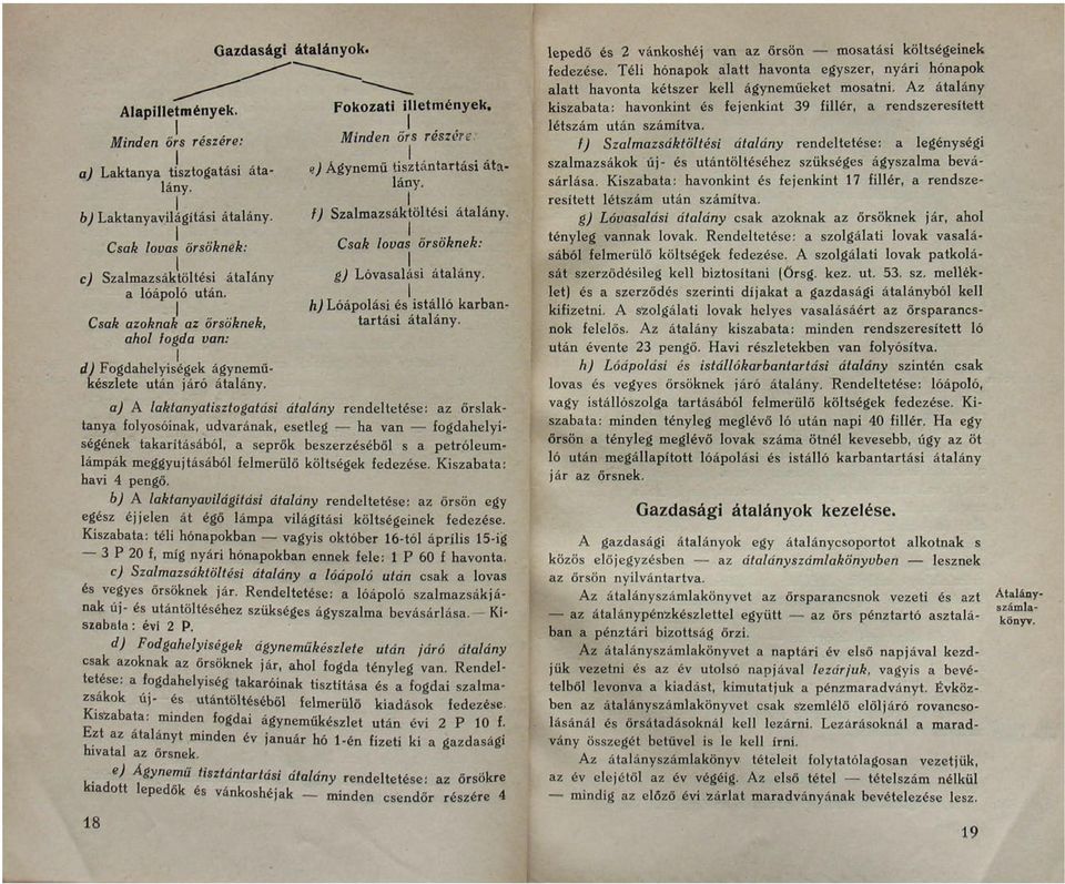 f) Szalmazsáktöltésí átalány. Csak lovas őrsöknek: g) Lóvasalási átalány, h) Lóápolási és istálló karbantartási átalány.