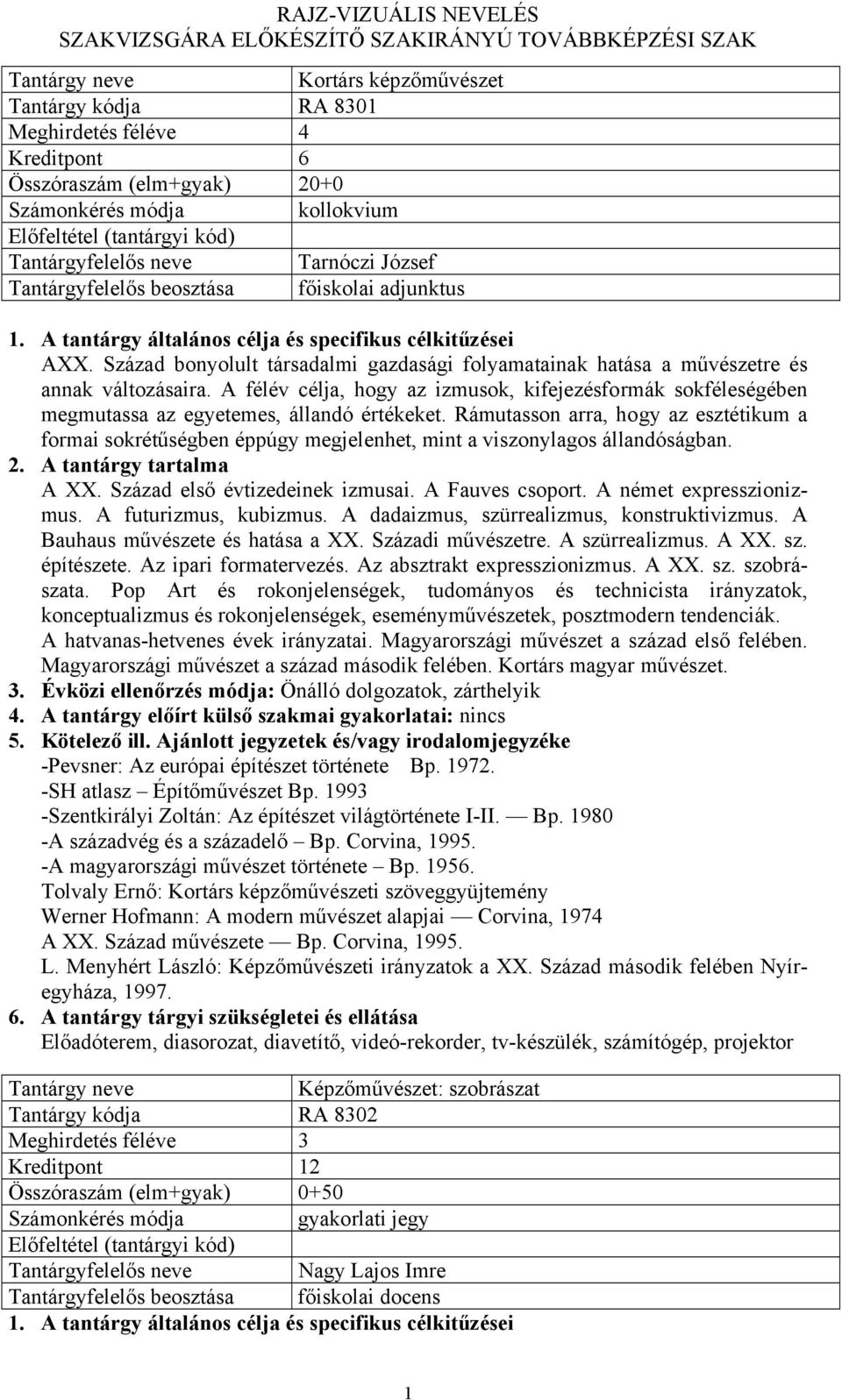 A félév célja, hogy az izmusok, kifejezésformák sokféleségében megmutassa az egyetemes, állandó értékeket.