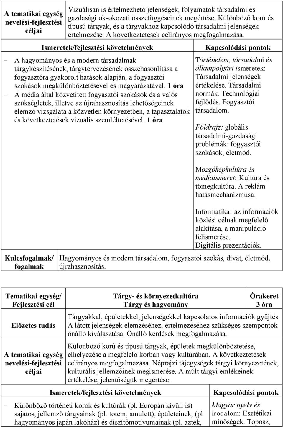A hagyományos és a modern társadalmak tárgykészítésének, tárgytervezésének összehasonlítása a fogyasztóra gyakorolt hatások alapján, a fogyasztói szokások megkülönböztetésével és magyarázatával.