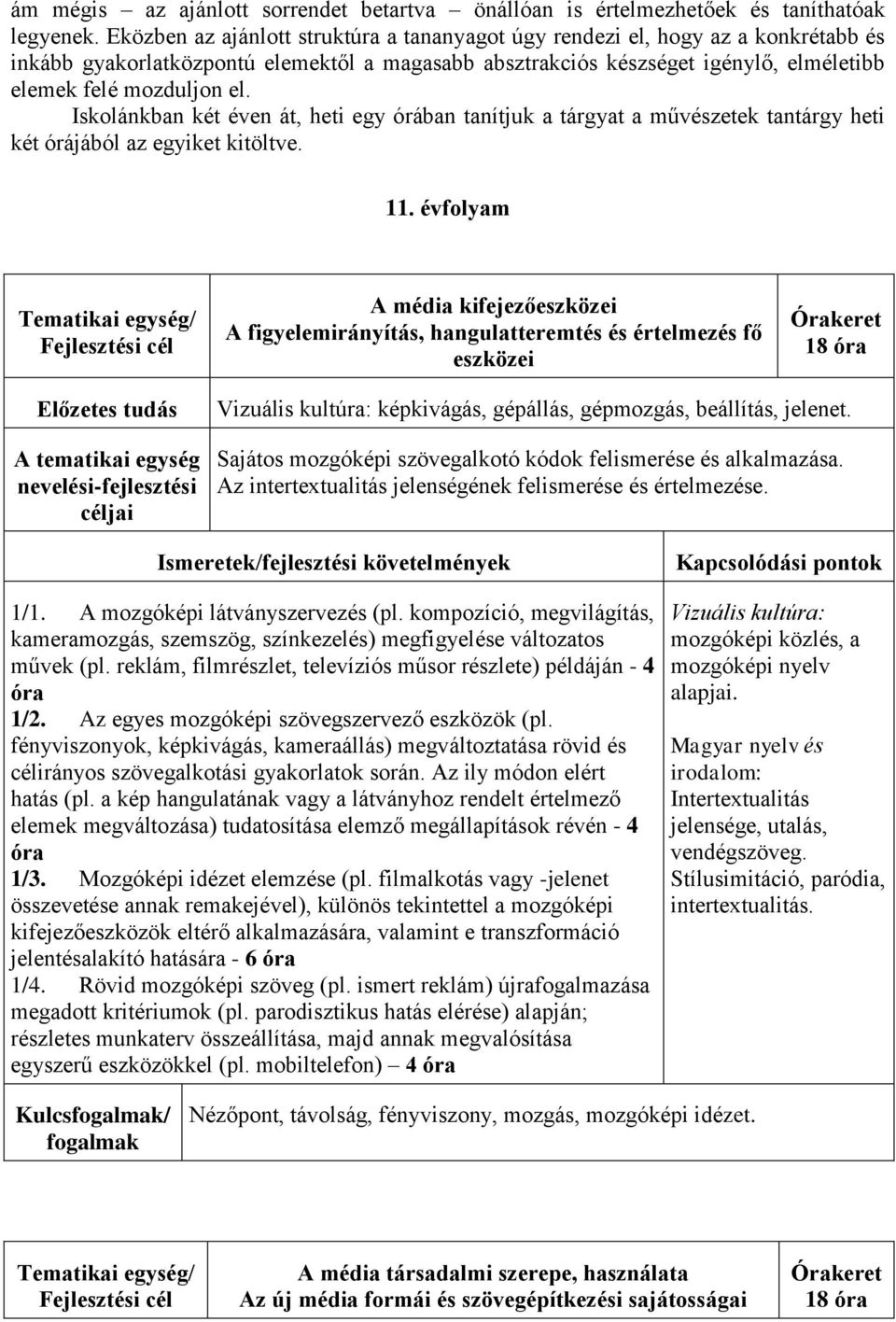 Iskolánkban két éven át, heti egy órában tanítjuk a tárgyat a művészetek tantárgy heti két órájából az egyiket kitöltve. 11.