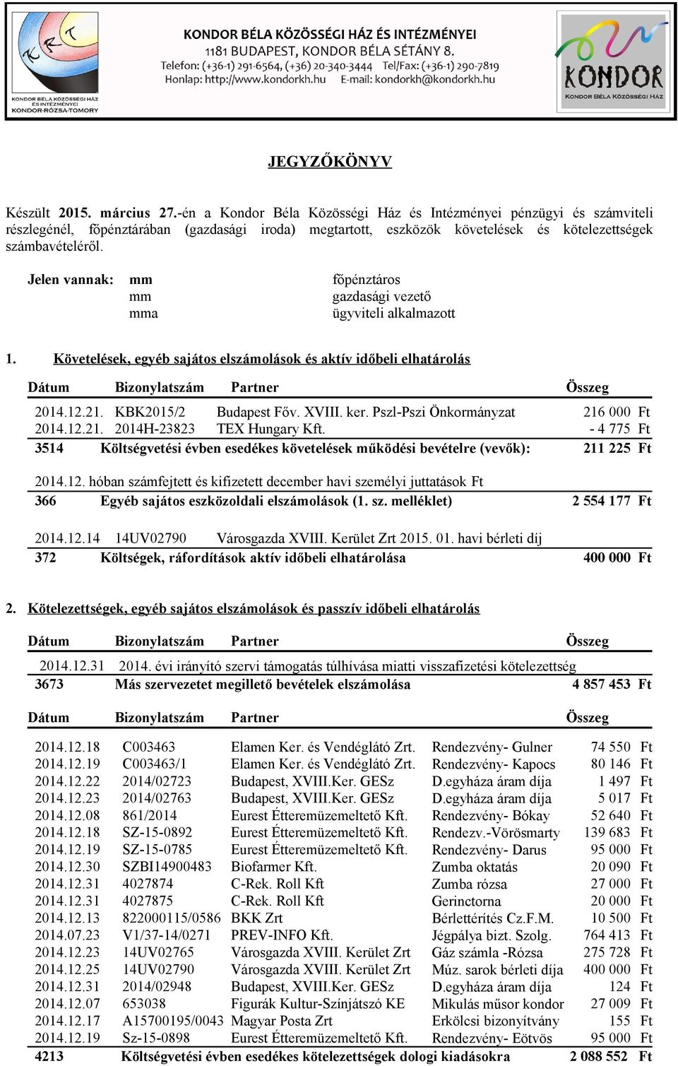 Jelen vannak: mm főpénztáros mm gazdasági vezető mma ügyviteli alkalmazott 1. Követelések, egyéb sajátos elszámolások és aktív időbeli elhatárolás 2014.12.21. KBK2015/2 Budapest Főv. XVIII. ker.