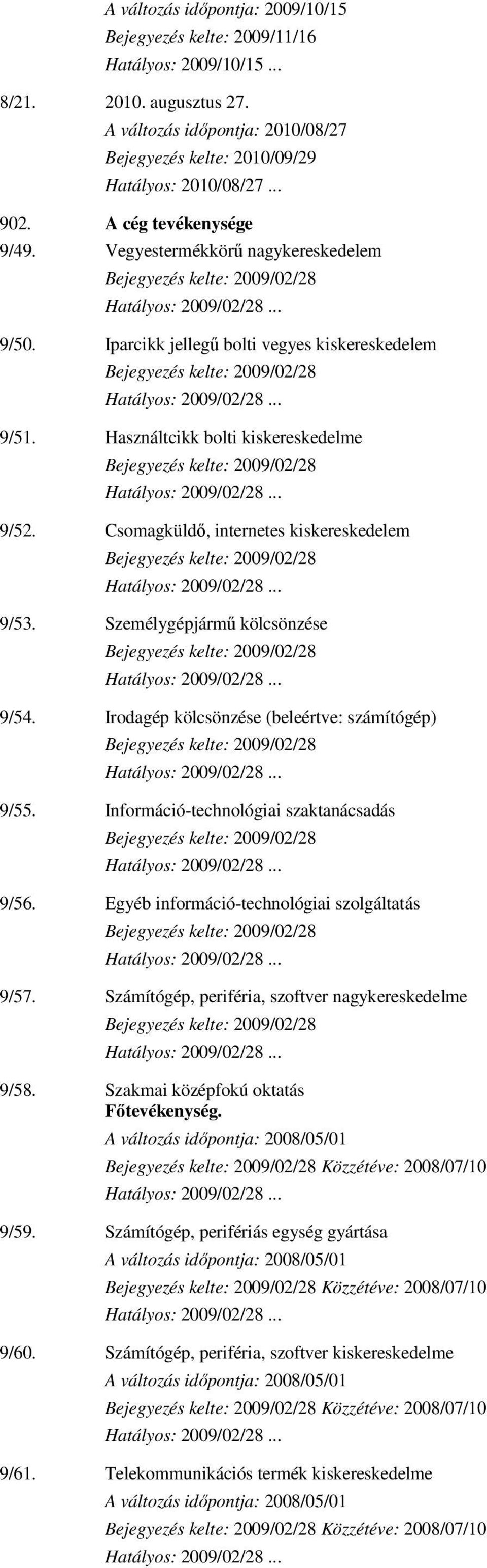 Csomagküldő, internetes kiskereskedelem 9/53. Személygépjármű kölcsönzése 9/54. Irodagép kölcsönzése (beleértve: számítógép) 9/55. Információ-technológiai szaktanácsadás 9/56.