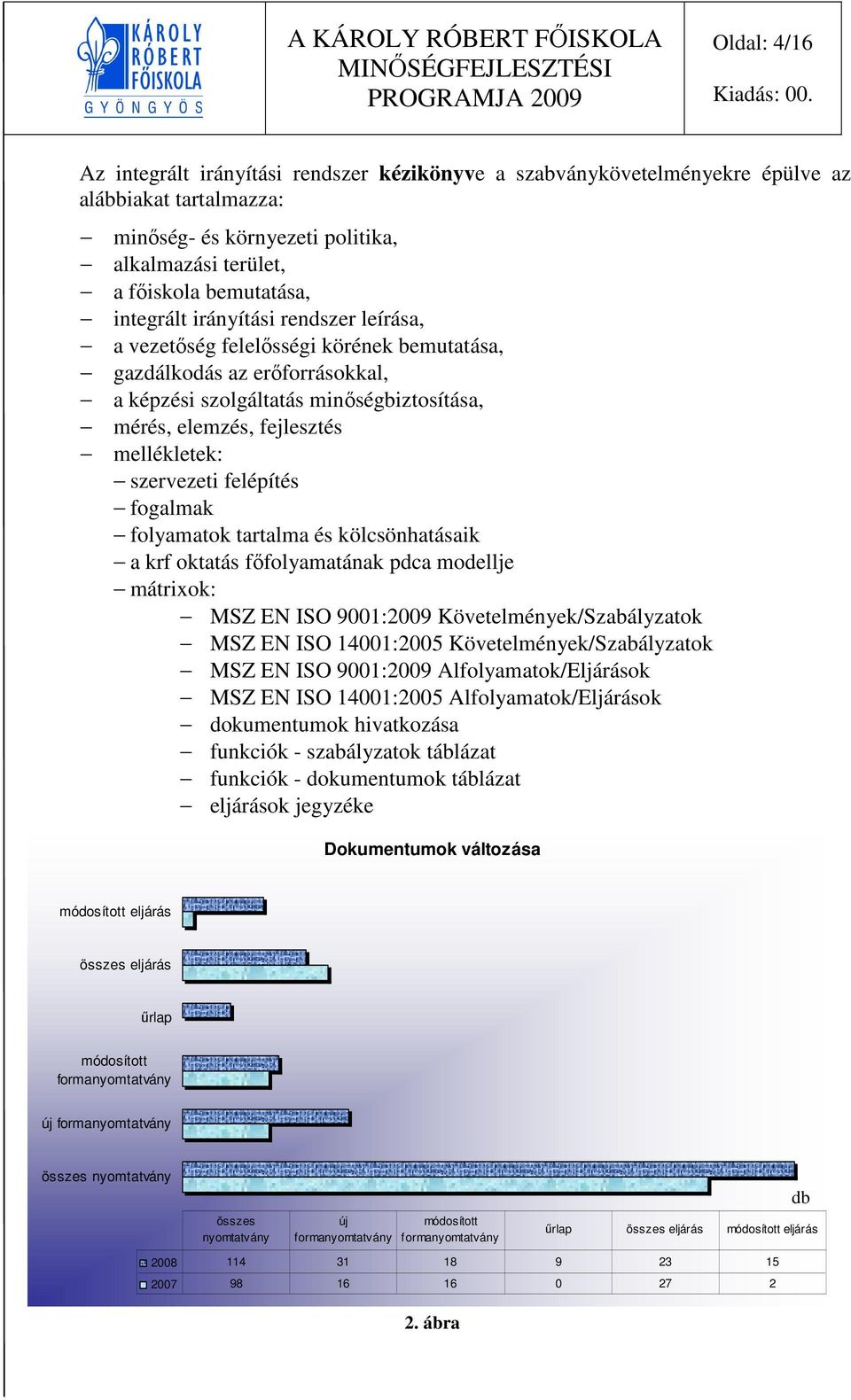 szervezeti felépítés fogalmak folyamatok tartalma és kölcsönhatásaik a krf oktatás főfolyamatának pdca modellje mátrixok: MSZ EN ISO 9001:2009 Követelmények/Szabályzatok MSZ EN ISO 14001:2005