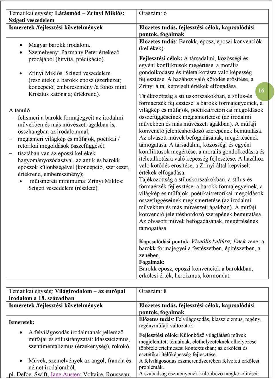 A tanuló felismeri a barokk formajegyeit az irodalmi művekben és más művészeti ágakban is, összhangban az irodalommal; megismeri világkép és műfajok, poétikai / retorikai megoldások összefüggését;