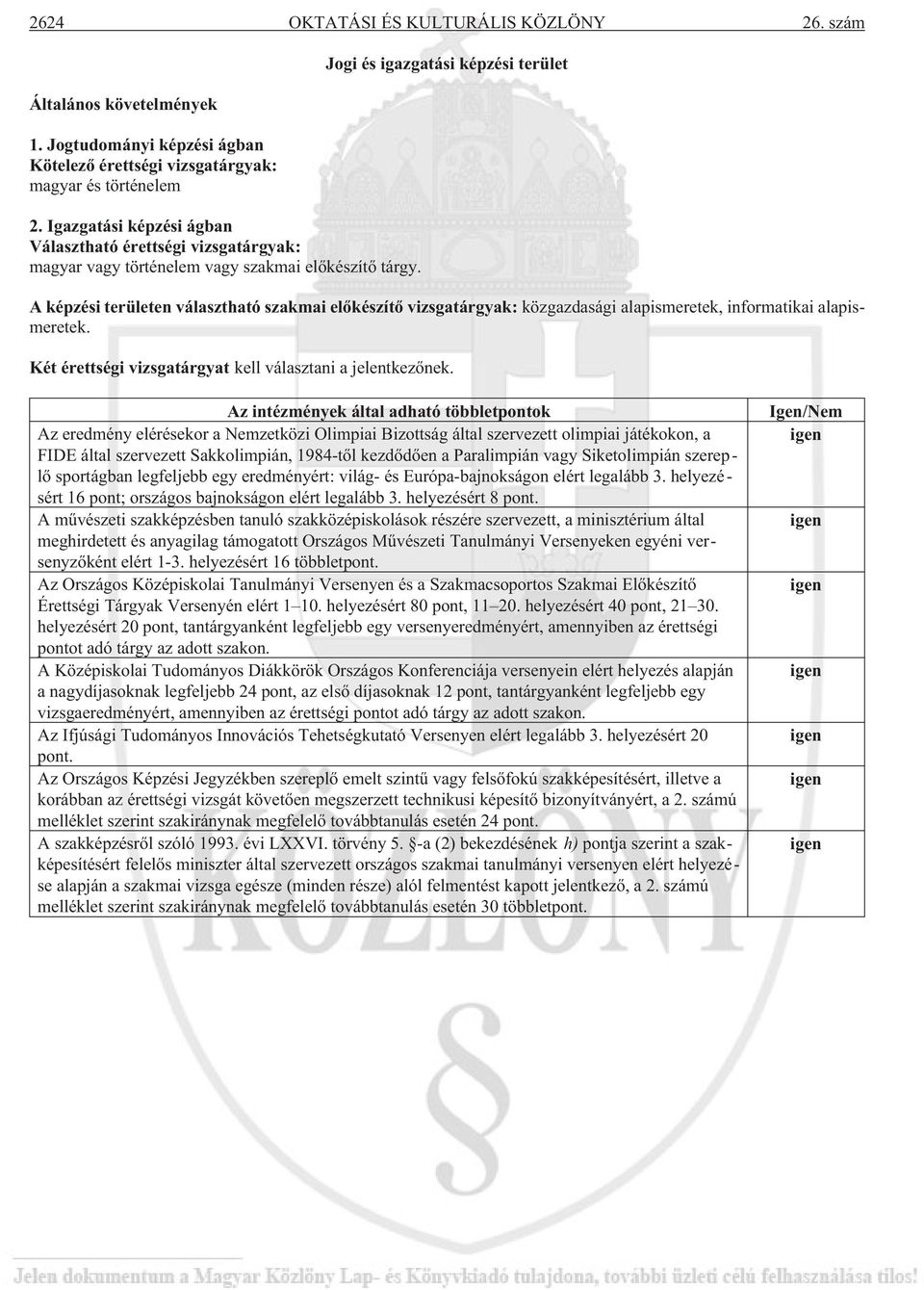 Jogi igazgatási képzi terület A képzi területen választható szakmai elõkzítõ vizsgatárgyak: közgazdasági alapismeretek, informatikai alapismeretek.