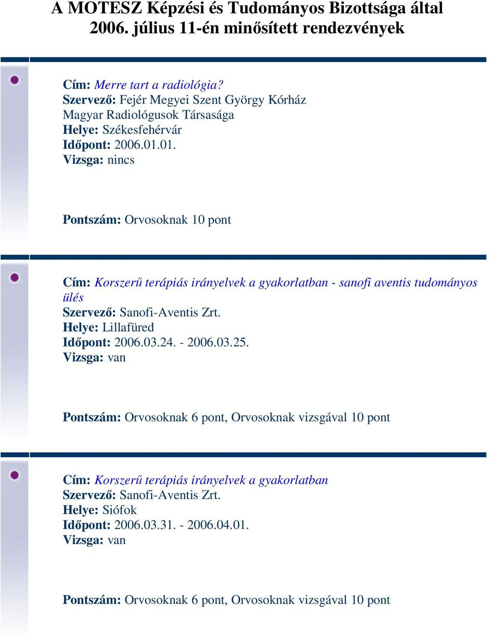 01. Cím: Korszerű terápiás irányelvek a gyakorlatban - sanofi aventis tudományos ülés Szervező: Sanofi-Aventis Zrt. Helye: Lillafüred Időpont: 2006.03.24. - 2006.