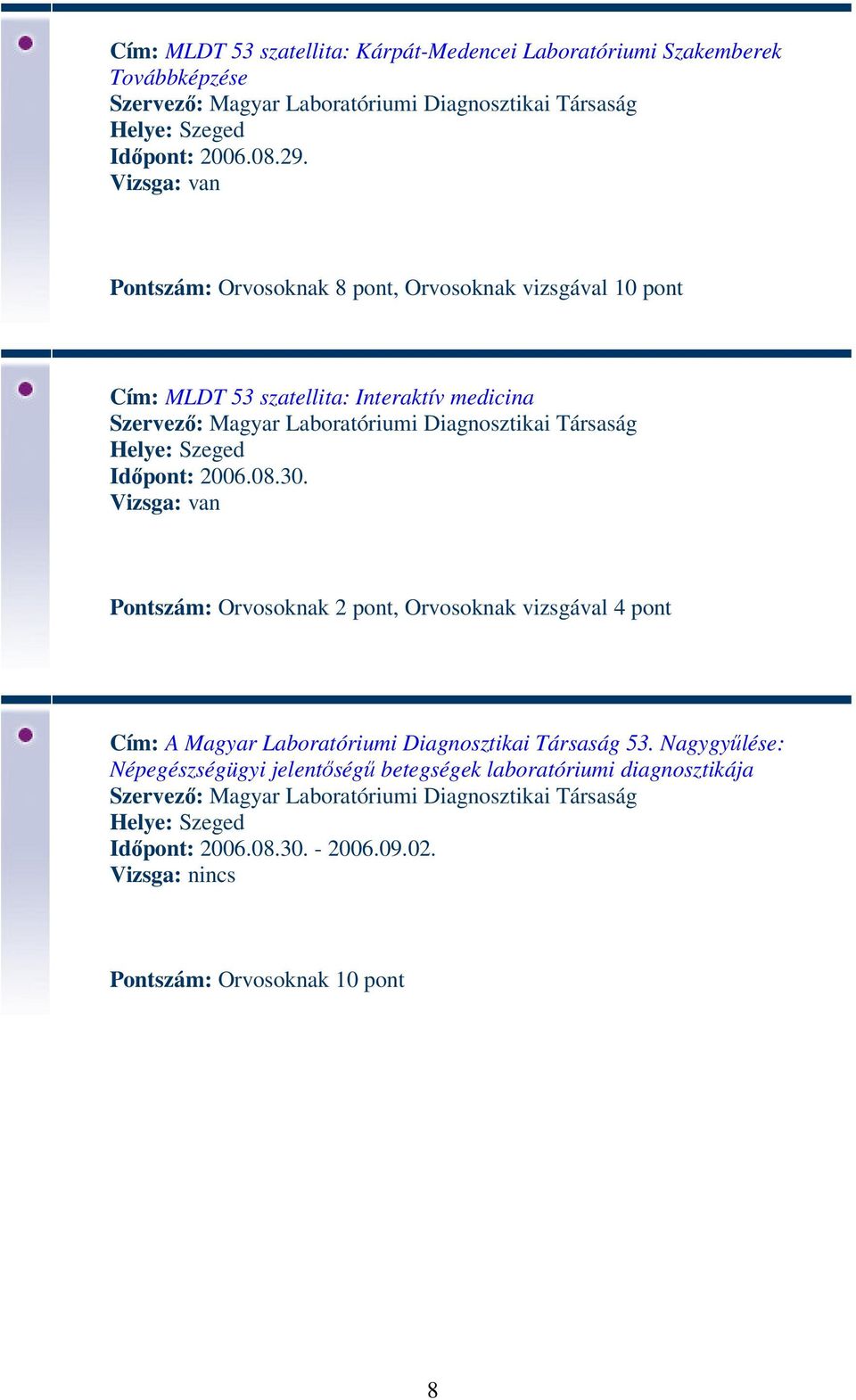 Társaság Időpont: 2006.08.30. Pontszám: Orvosoknak 2 pont, Orvosoknak vizsgával 4 pont Cím: A Magyar Laboratóriumi Diagnosztikai Társaság 53.