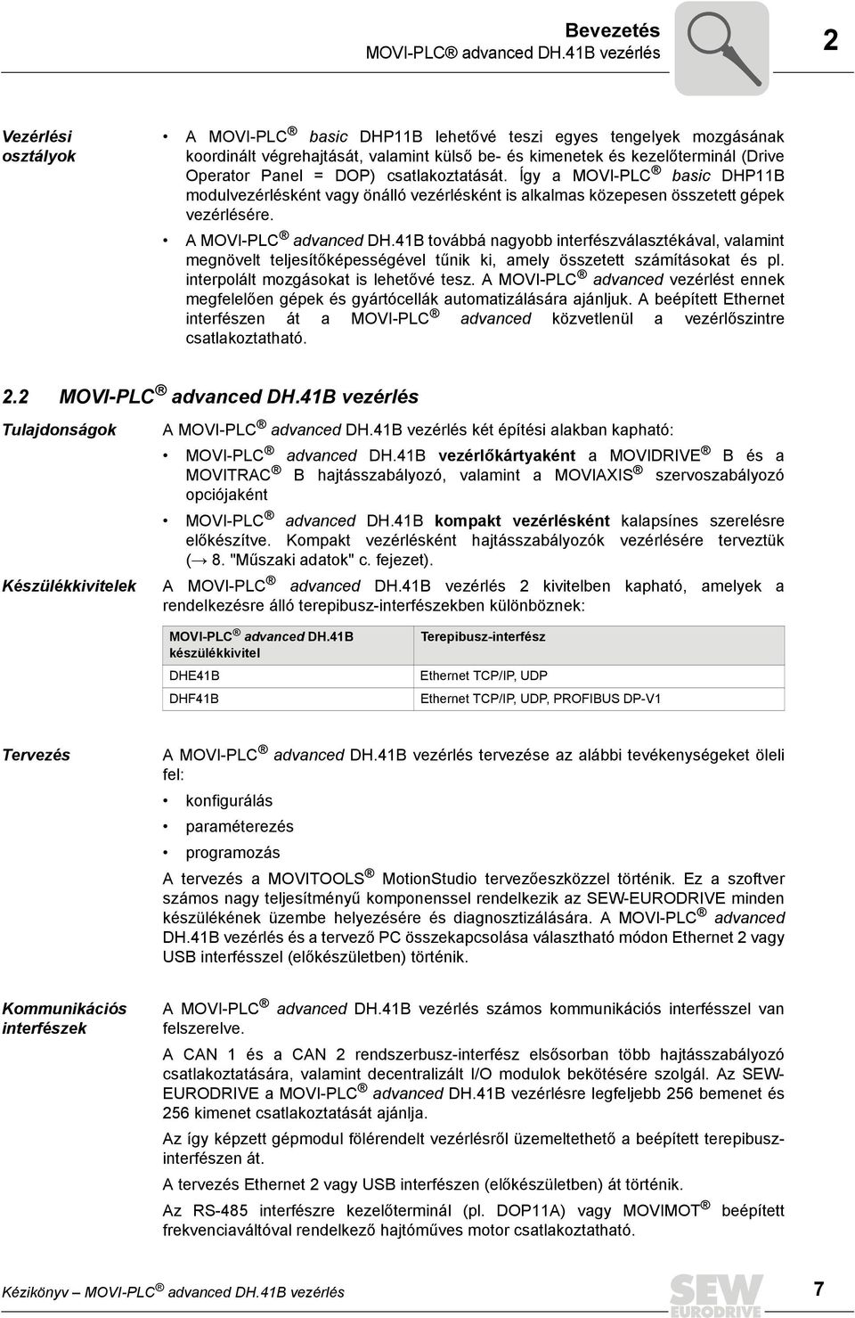 DOP) csatlakoztatását. Így a MOVI-PLC basic DHPB modulvezérlésként vagy önálló vezérlésként is alkalmas közepesen összetett gépek vezérlésére. A MOVI-PLC advanced DH.