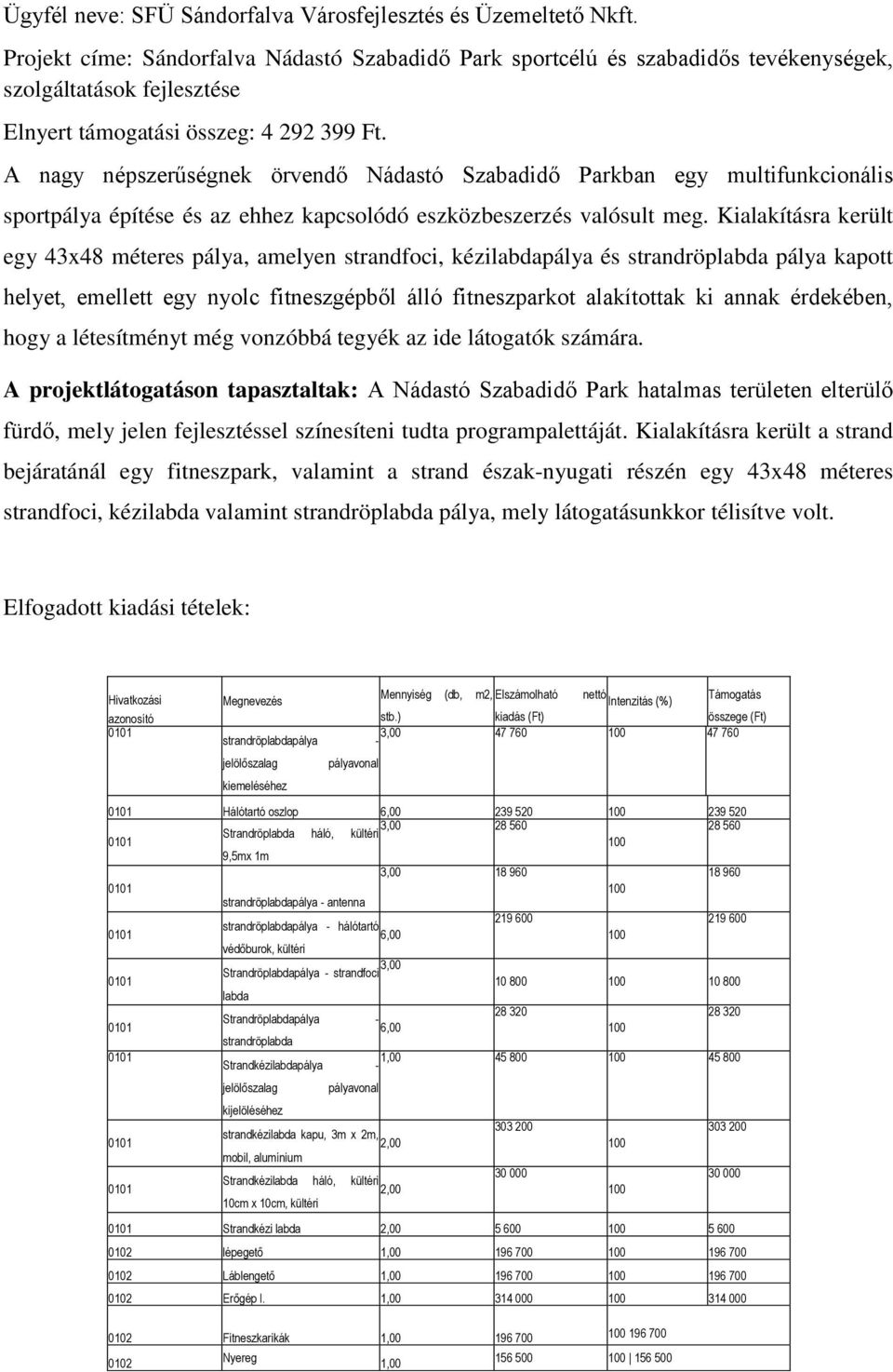 A nagy népszerűségnek örvendő Nádastó Szabadidő Parkban egy multifunkcionális sportpálya építése és az ehhez kapcsolódó eszközbeszerzés valósult meg.