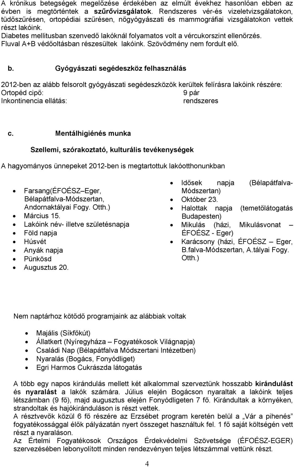 Diabetes mellitusban szenvedő lakóknál folyamatos volt a vércukorszint ellenőrzés. Fluval A+B védőoltásban részesültek lakóink. Szövődmény nem fordult elő. b.