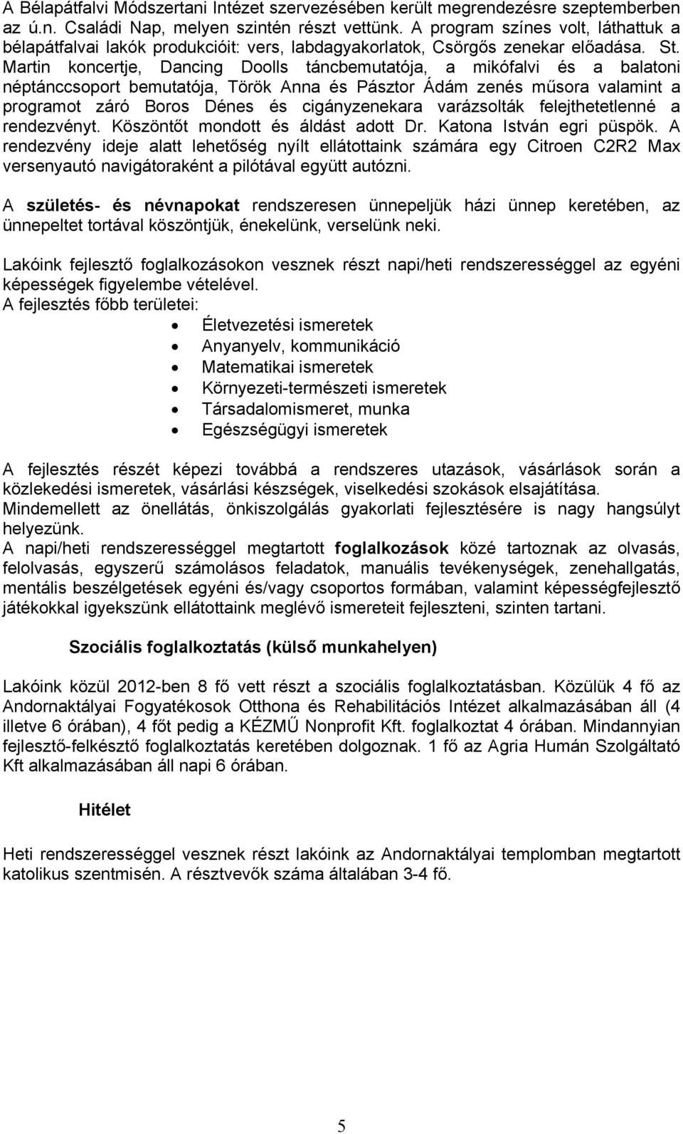 Martin koncertje, Dancing Doolls táncbemutatója, a mikófalvi és a balatoni néptánccsoport bemutatója, Török Anna és Pásztor Ádám zenés műsora valamint a programot záró Boros Dénes és cigányzenekara