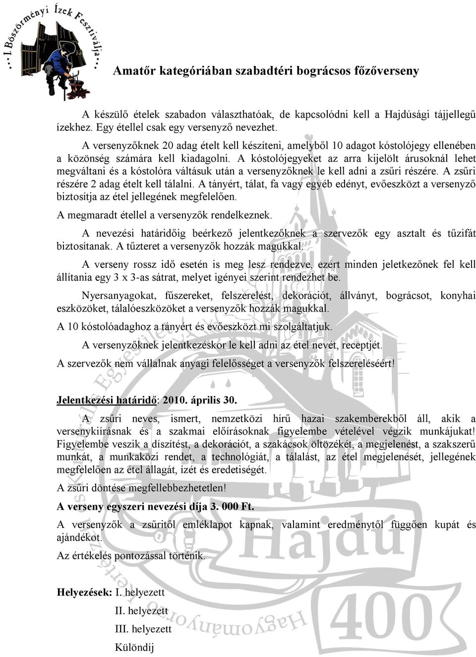 A kóstolójegyeket az arra kijelölt árusoknál lehet megváltani és a kóstolóra váltásuk után a versenyzőknek le kell adni a zsűri részére. A zsűri részére 2 adag ételt kell tálalni.