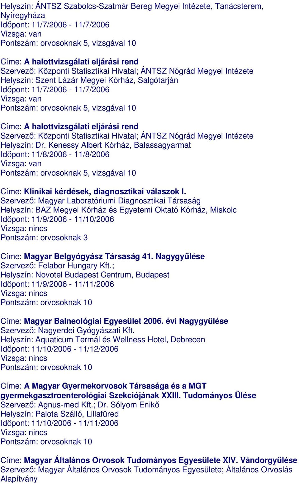 Kenessy Albert Kórház, Balassagyarmat Időpont: 11/8/2006-11/8/2006 Címe: Klinikai kérdések, diagnosztikai válaszok I.