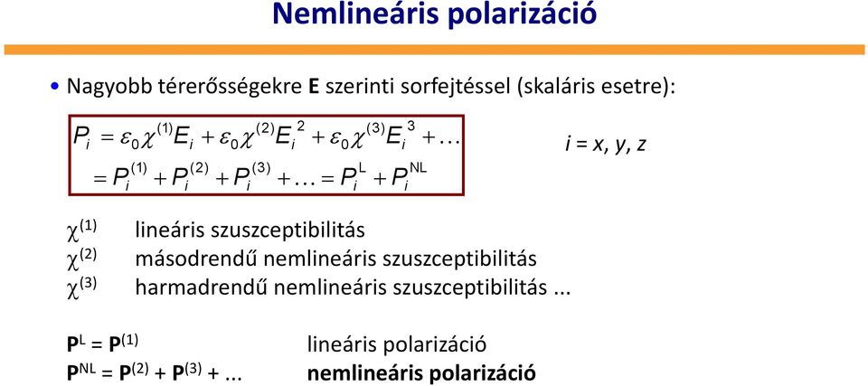χ () lineáris szuszceptibilitás másodrendű nemlineáris szuszceptibilitás χ (3) harmadrendű nemlineáris