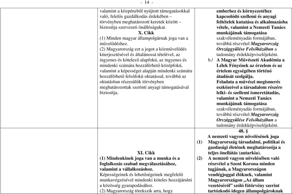 (2) Magyarország ezt a jogot a közművelődés kiterjesztésével és általánossá tételével, az ingyenes és kötelező alapfokú, az ingyenes és mindenki számára hozzáférhető középfokú, valamint a képességei