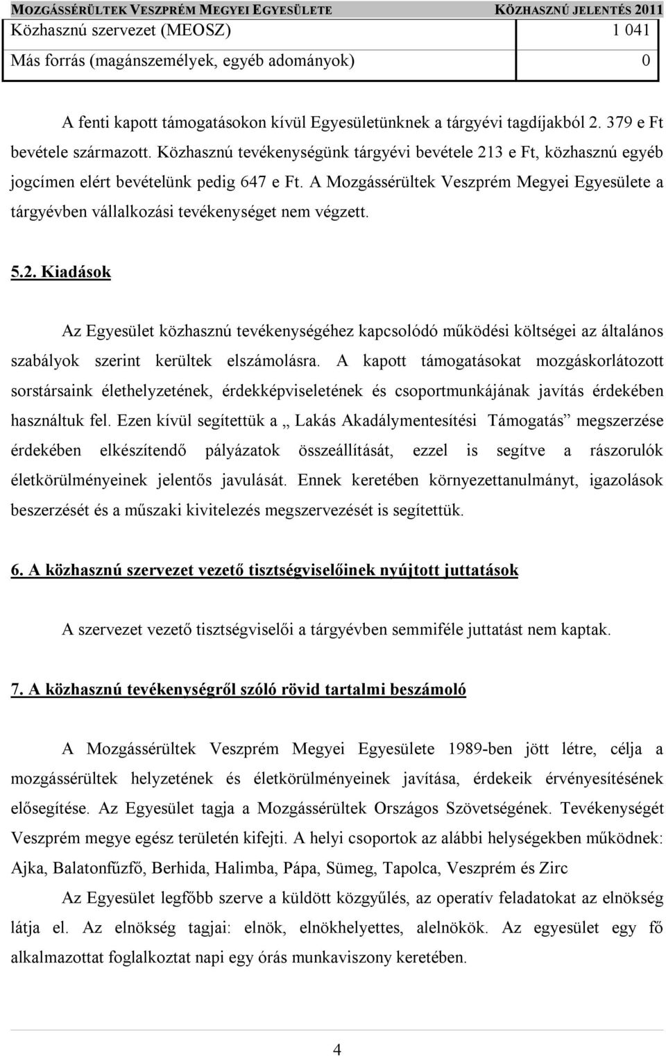 A Mozgássérültek Veszprém Megyei Egyesülete a tárgyévben vállalkozási tevékenységet nem végzett. 5.2.