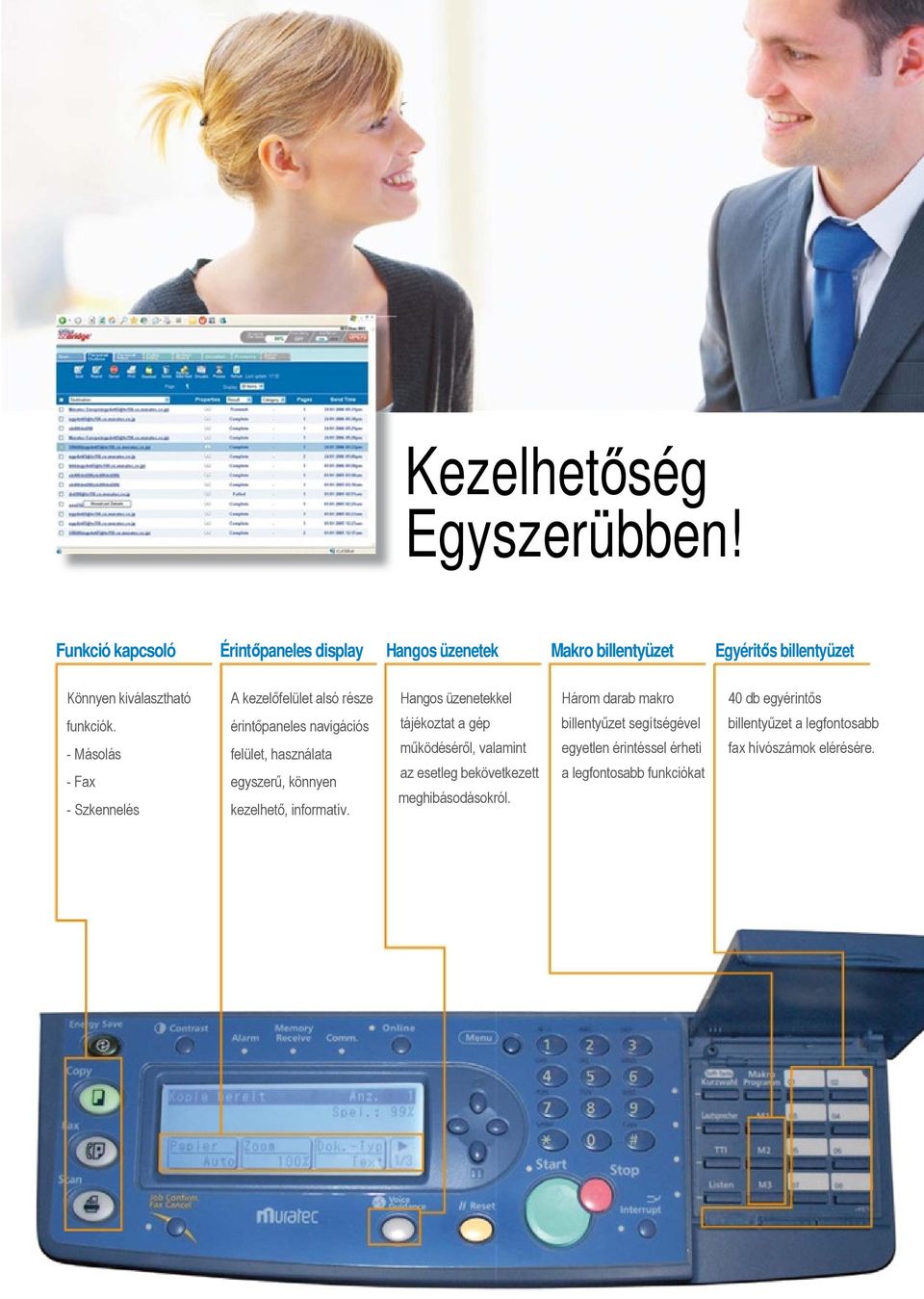 része funkciók. érintőpaneles navigációs - Másolás felület, használata - Fax egyszerű, könnyen - Szkennelés kezelhető, informatív.