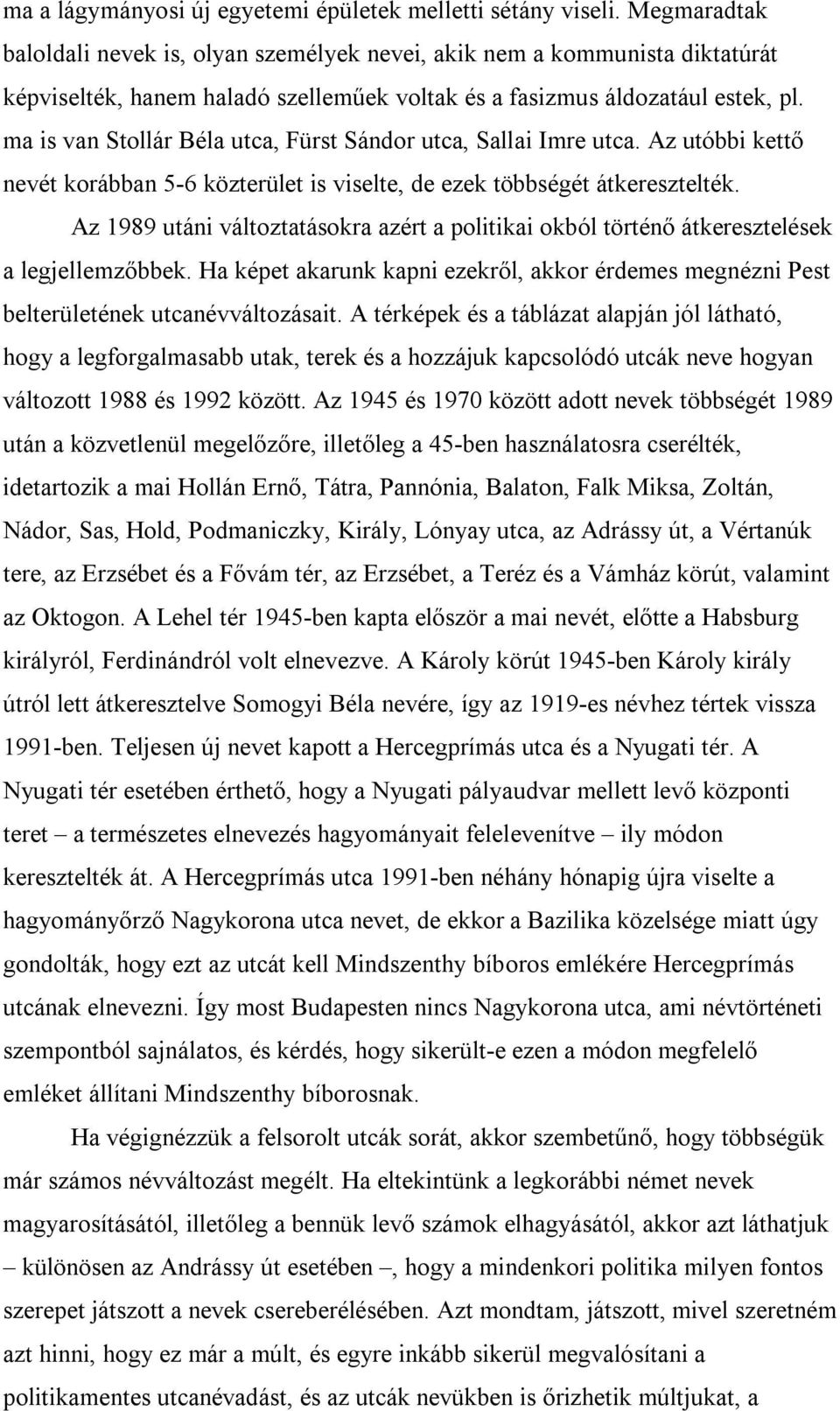 ma is van Stollár Béla utca, Fürst Sándor utca, Sallai Imre utca. Az utóbbi kettő nevét korábban 5-6 közterület is viselte, de ezek többségét átkeresztelték.