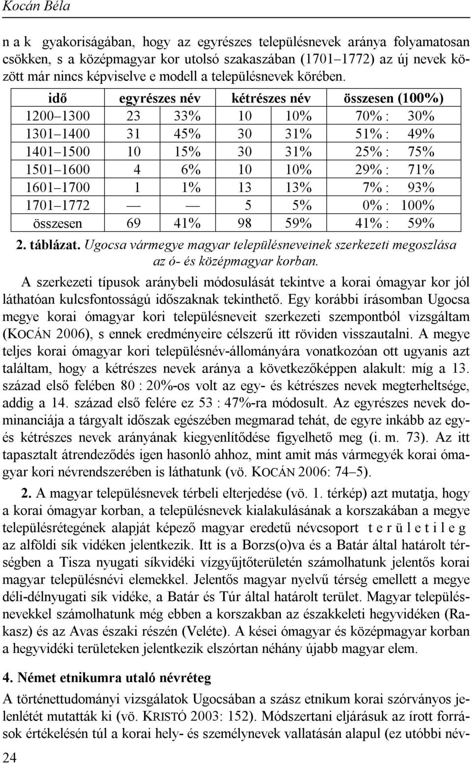 Módszertani eljárásuk az írott források értékelésén túl a korai hely- és személynevek vallatásán alapul (ez utóbbi névidő egyrészes név kétrészes név összesen (100%) 1200 1300 23 33% 10 10% 70% : 30%