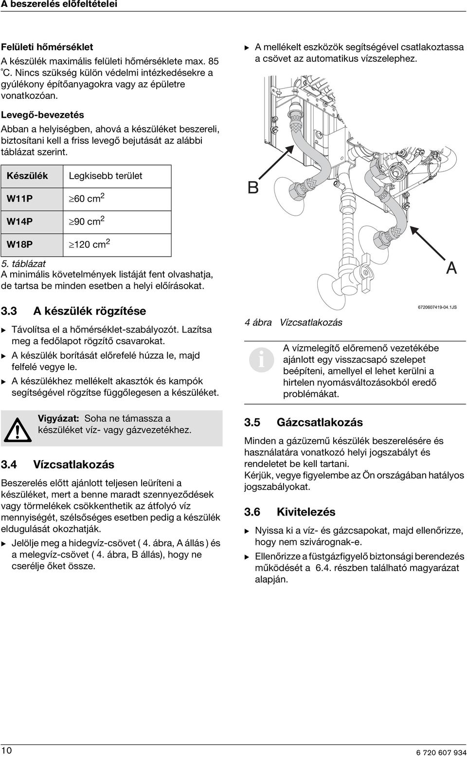 Levegő-bevezetés Abban a helyiségben, ahová a készüléket beszereli, biztosítani kell a friss levegő bejutását az alábbi táblázat szerint.