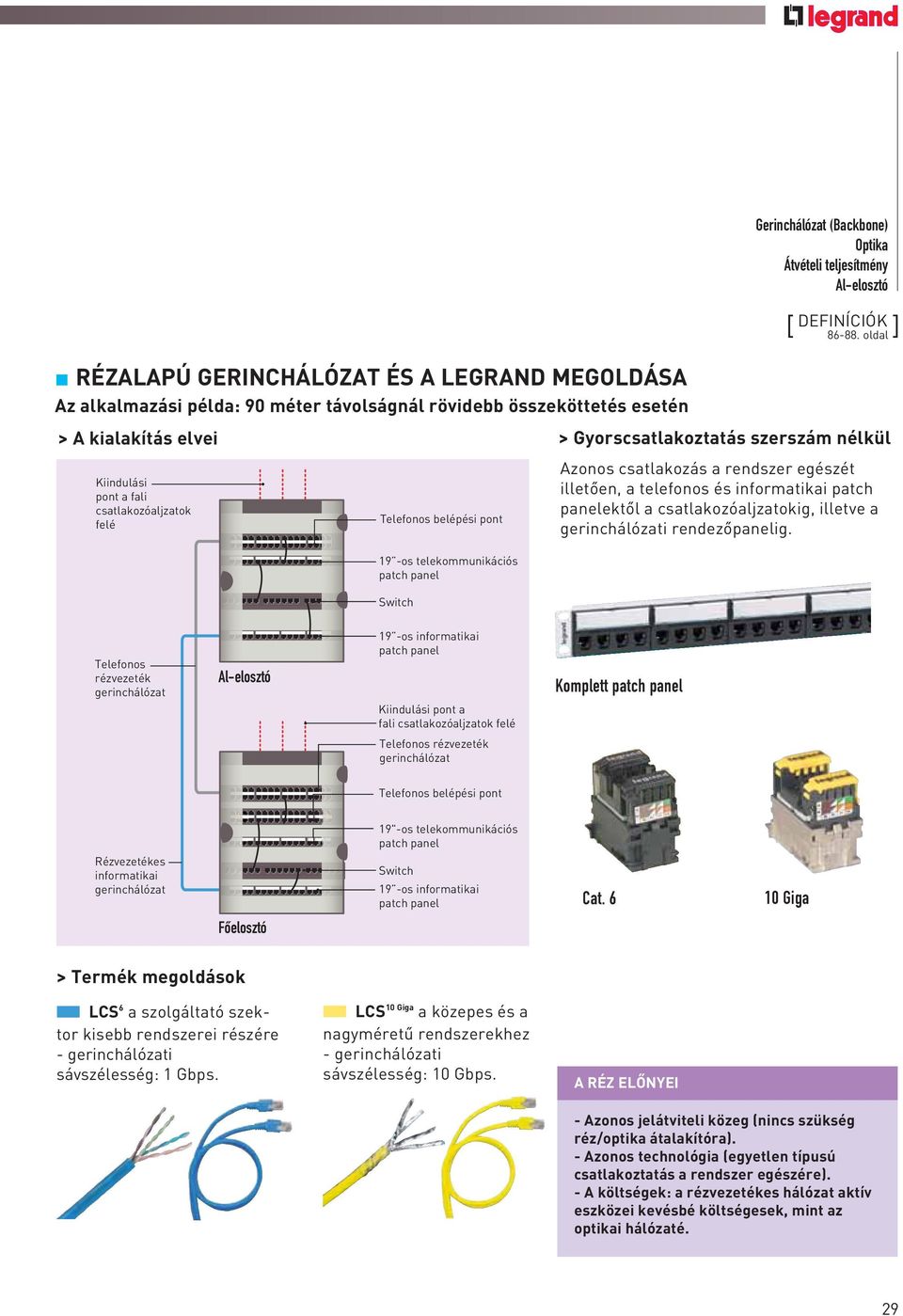 pont a fali csatlakozóaljzatok felé Telefonos belépési pont Azonos csatlakozás a rendszer egészét illetôen, a telefonos és informatikai patch panelektôl a csatlakozóaljzatokig, illetve a