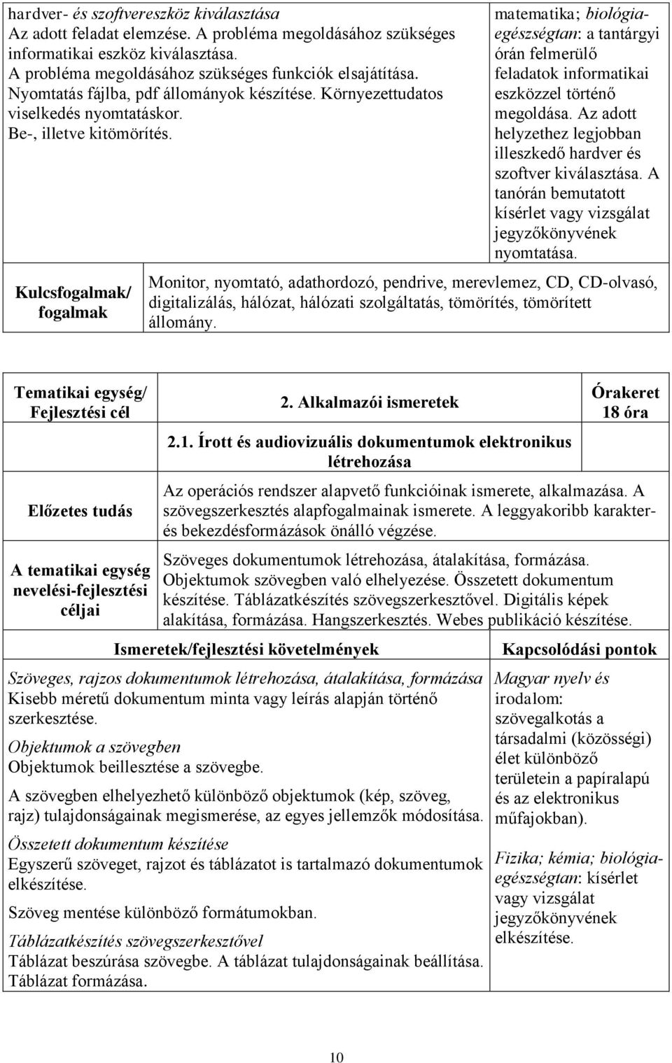 Kulcs/ matematika; biológiaegészségtan: a tantárgyi órán felmerülő feladatok informatikai eszközzel történő megoldása. Az adott helyzethez legjobban illeszkedő hardver és szoftver kiválasztása.