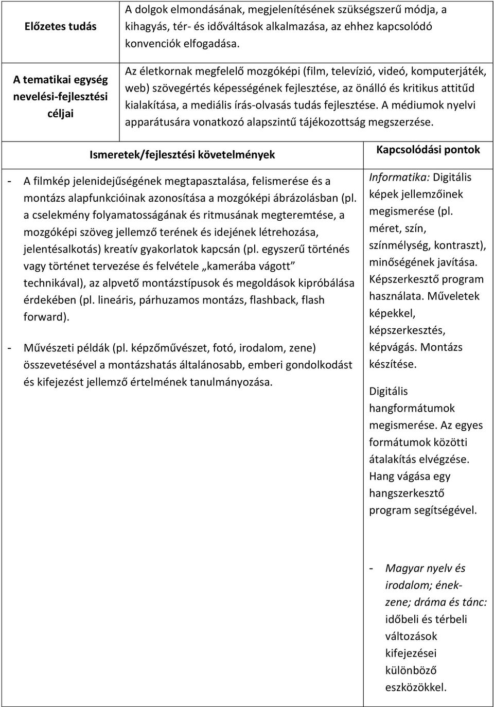 Az életkornak megfelelő mozgóképi (film, televízió, videó, komputerjáték, web) szövegértés képességének fejlesztése, az önálló és kritikus attitűd kialakítása, a mediális írás-olvasás tudás