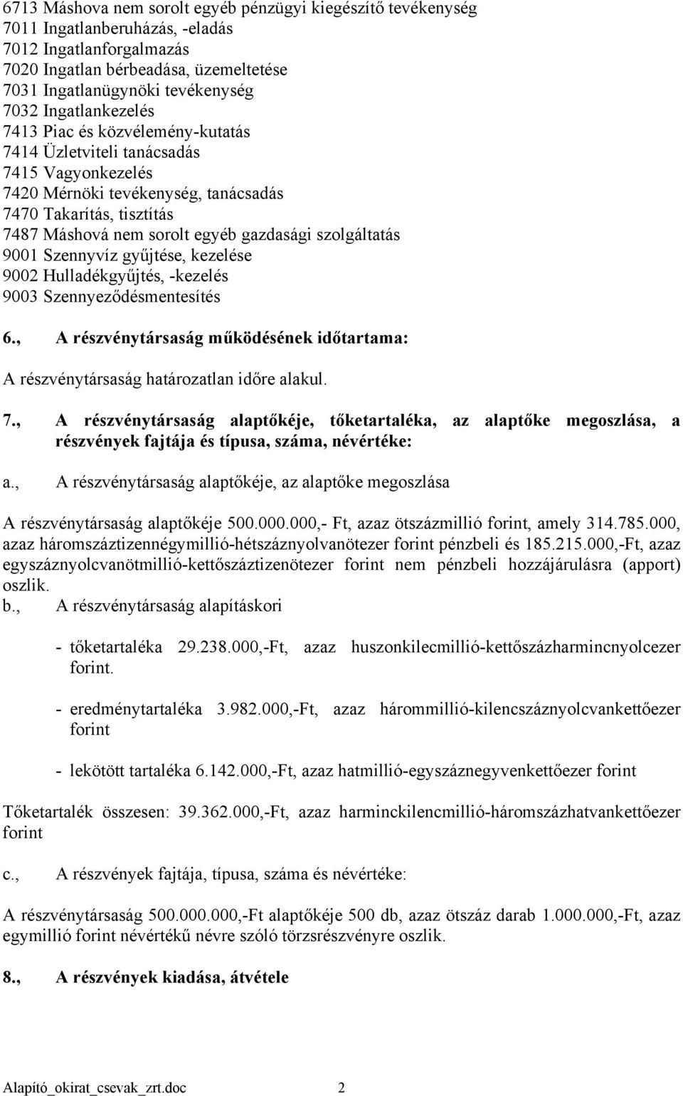 szolgáltatás 9001 Szennyvíz gyűjtése, kezelése 9002 Hulladékgyűjtés, -kezelés 9003 Szennyeződésmentesítés 6, A részvénytársaság működésének időtartama: A részvénytársaság határozatlan időre alakul 7,