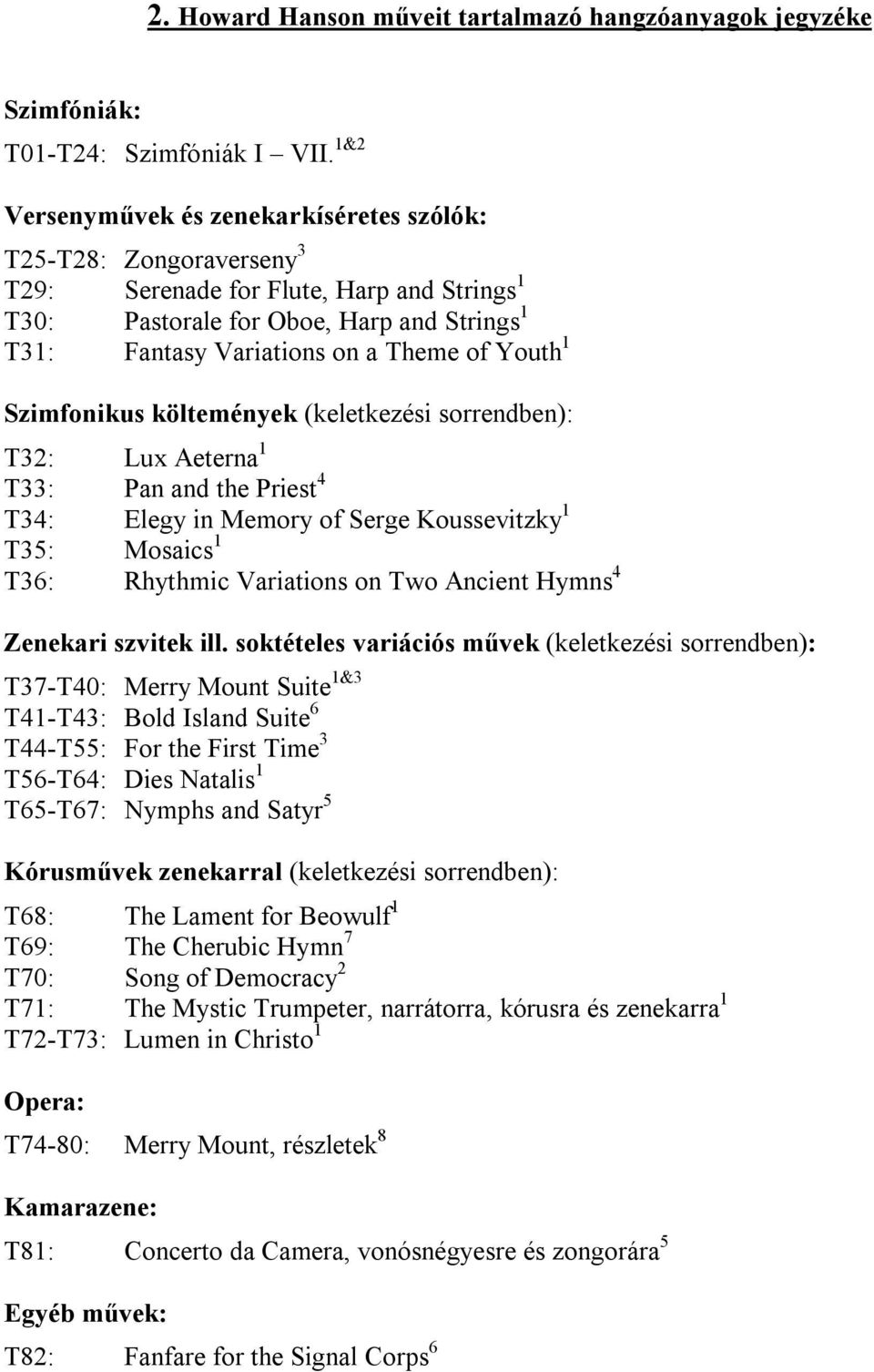 Youth 1 Szimfonikus költemények (keletkezési sorrendben): T32: Lux Aeterna 1 T33: Pan and the Priest 4 T34: Elegy in Memory of Serge Koussevitzky 1 T35: Mosaics 1 T36: Rhythmic Variations on Two