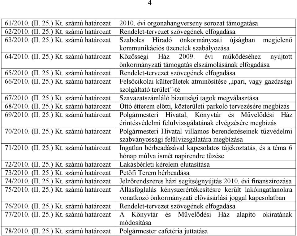 (II. 25.) Kt. számú határozat Felsőcikolai külterületek átminősítése ipari, vagy gazdasági szolgáltató terület -té 67/2010. (II. 25.) Kt. számú határozat Szavazatszámláló bizottsági ok megválasztása 68/2010.