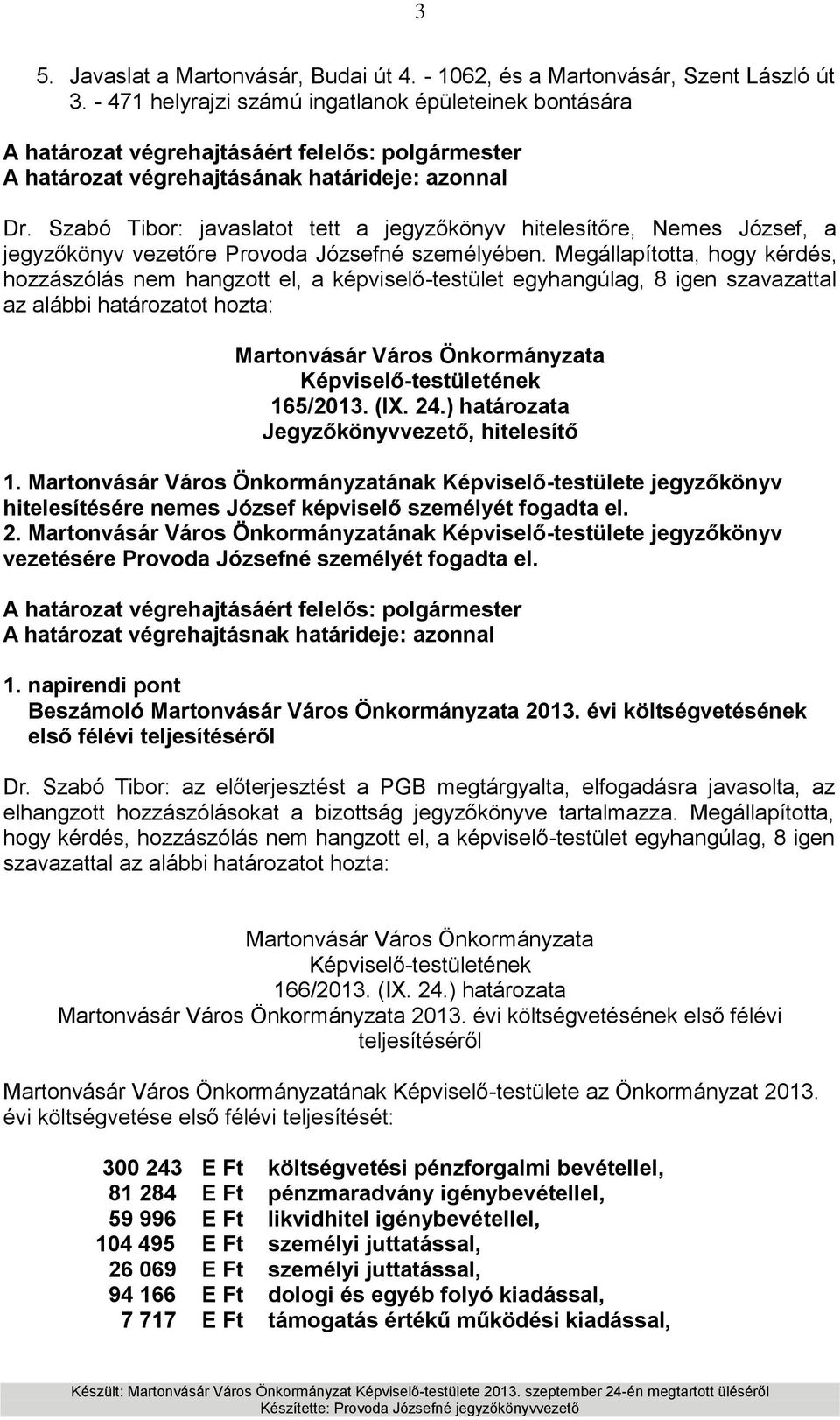 Szabó Tibor: javaslatot tett a jegyzőkönyv hitelesítőre, Nemes József, a jegyzőkönyv vezetőre Provoda Józsefné személyében.