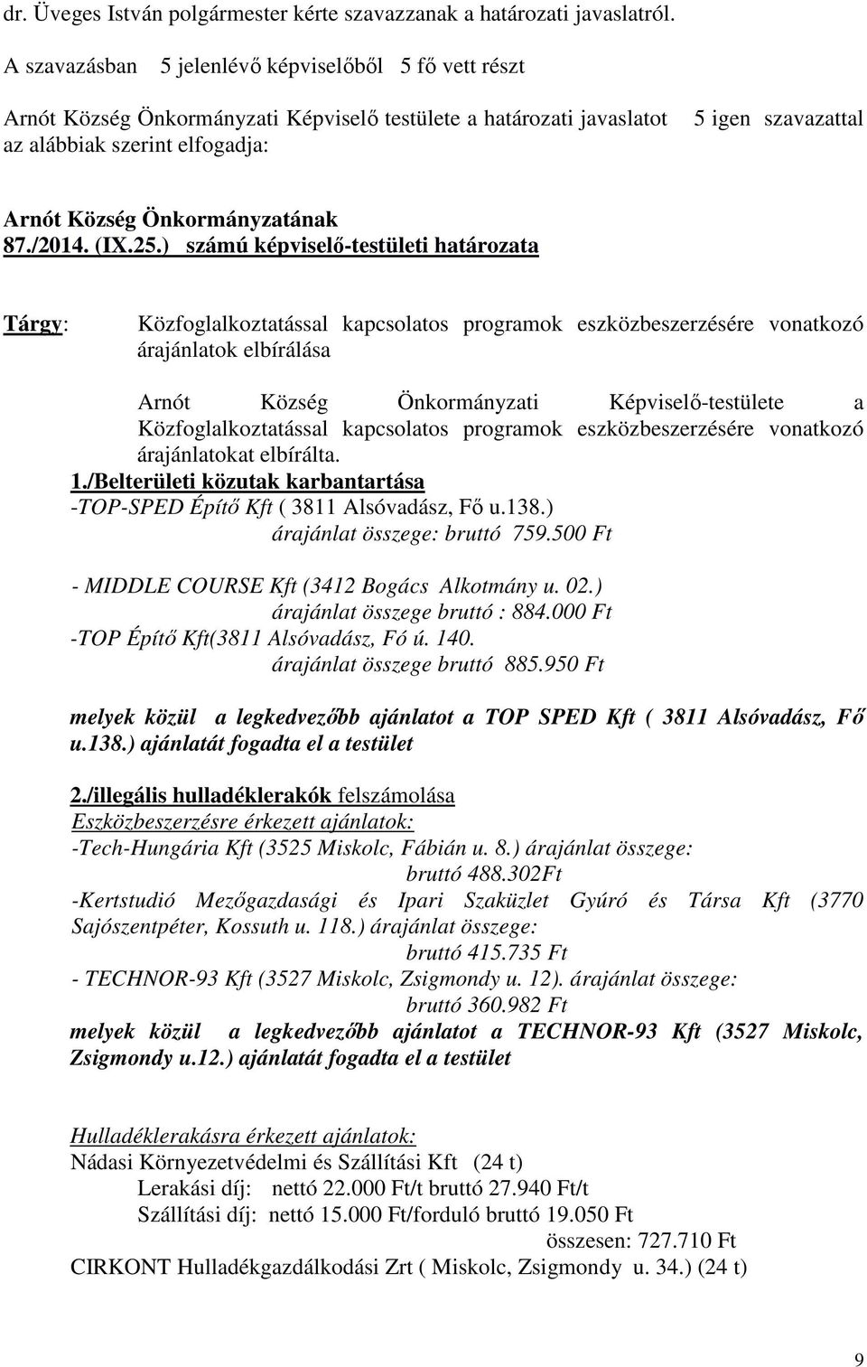 Önkormányzatának 87./2014. (IX.25.