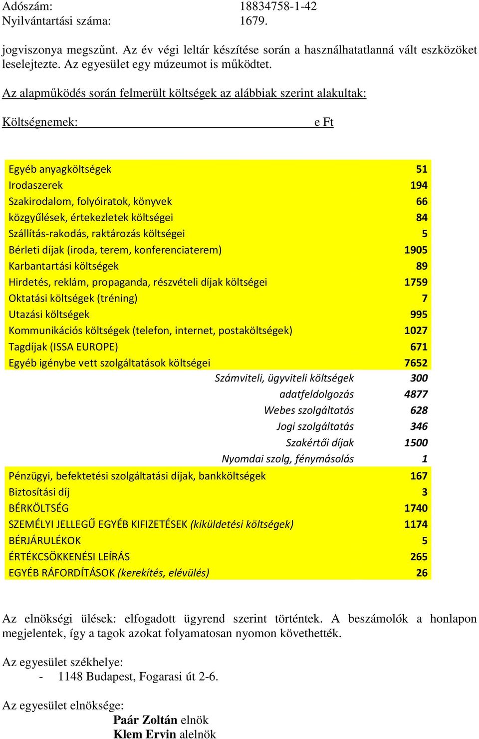 költségei 84 Szállítás-rakodás, raktározás költségei 5 Bérleti díjak (iroda, terem, konferenciaterem) 1905 Karbantartási költségek 89 Hirdetés, reklám, propaganda, részvételi díjak költségei 1759