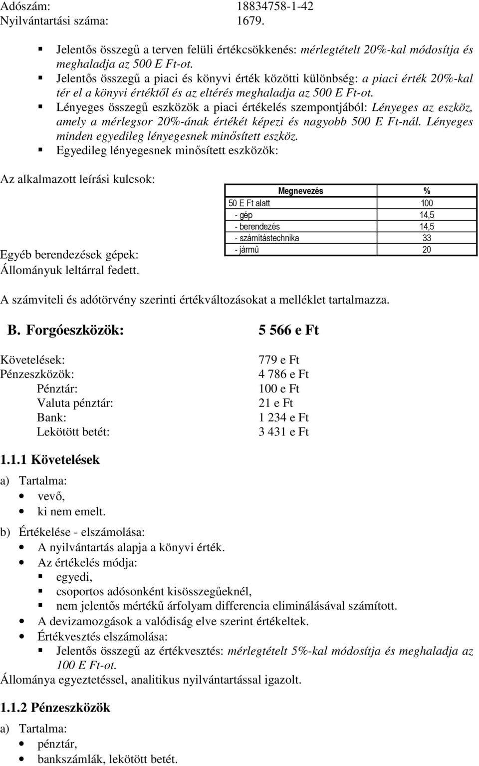 Lényeges összegű eszközök a piaci értékelés szempontjából: Lényeges az eszköz, amely a mérlegsor 20%-ának értékét képezi és nagyobb 500 E Ft-nál.