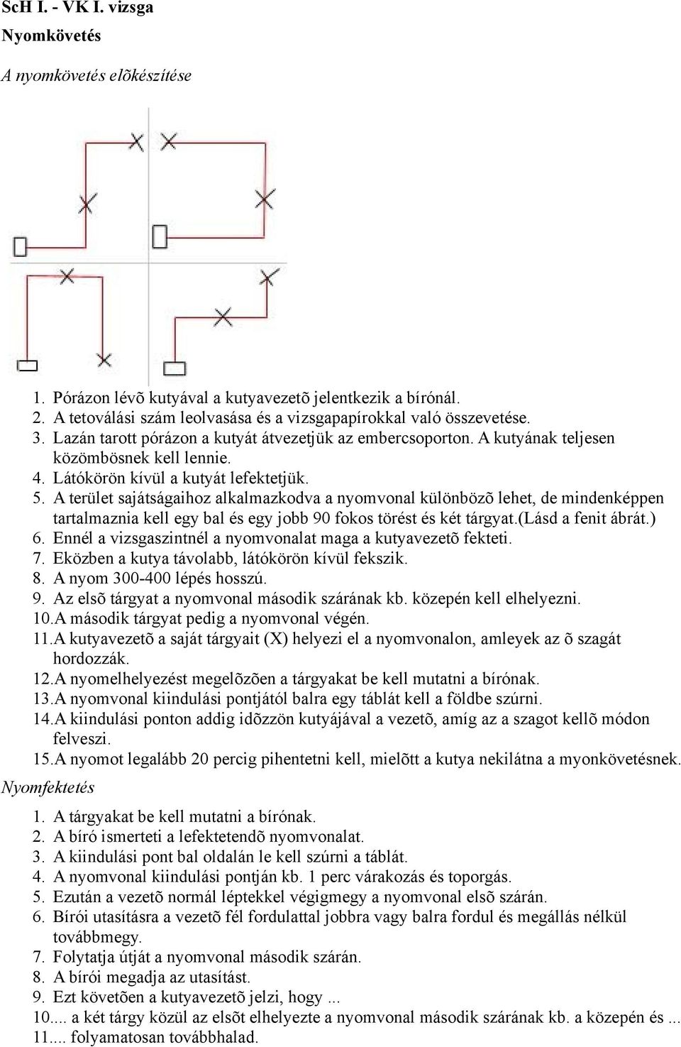 A terület sajátságaihoz alkalmazkodva a nyomvonal különbözõ lehet, de mindenképpen tartalmaznia kell egy bal és egy jobb 90 fokos törést és két tárgyat.(lásd a fenit ábrát.) 6.