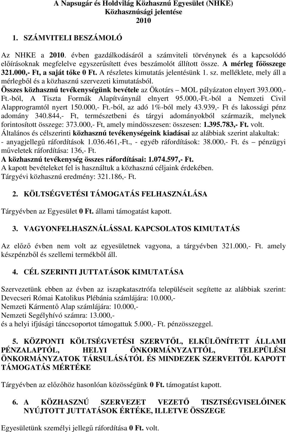 A részletes kimutatás jelentésünk 1. sz. melléklete, mely áll a mérlegből és a közhasznú szervezeti kimutatásból. Összes közhasznú tevékenységünk bevétele az Ökotárs MOL pályázaton elnyert 393.