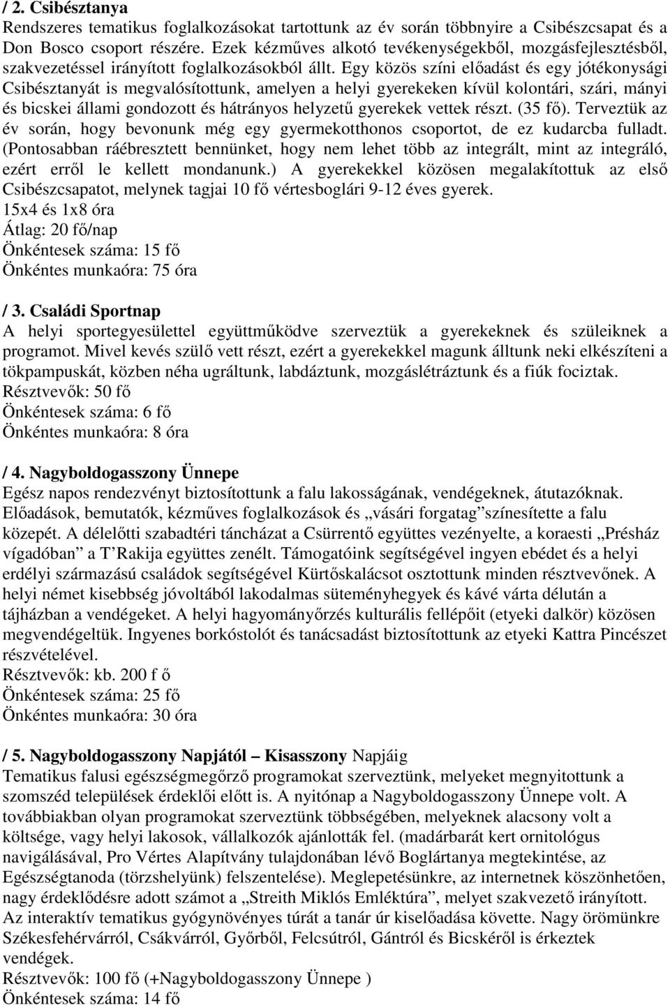 Egy közös színi előadást és egy jótékonysági Csibésztanyát is megvalósítottunk, amelyen a helyi gyerekeken kívül kolontári, szári, mányi és bicskei állami gondozott és hátrányos helyzetű gyerekek
