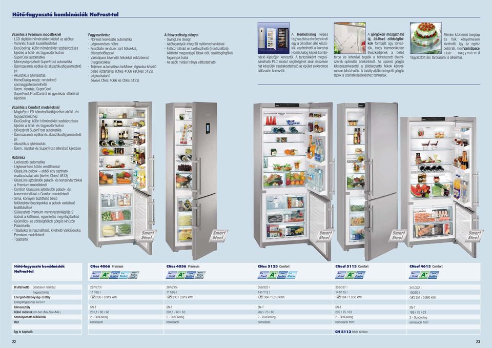 Üze, riasztás, SuperCool, SuperFrost,FrostControl és gyerekzár ellenőrző kijelzése leolvasztó autoatika Légkeveréses hűtés FrostSafe rendszer zárt fiókokkal, átlátszóelőlappal VarioSpace kivehető