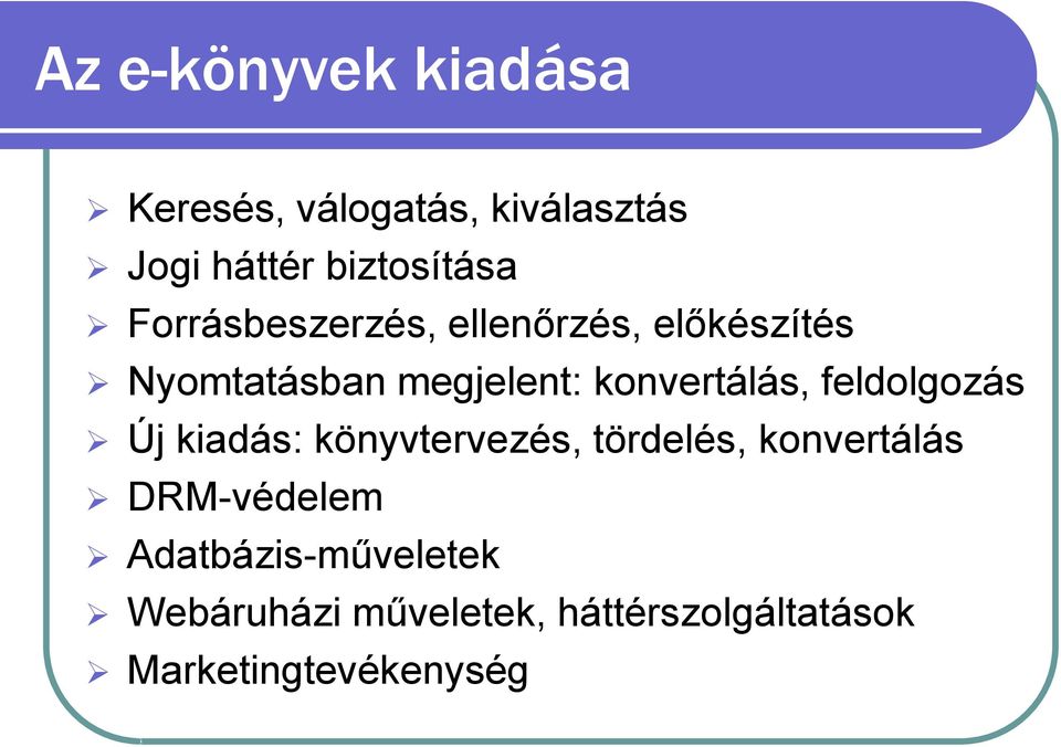 feldolgozás Új kiadás: könyvtervezés, tördelés, konvertálás DRM-védelem